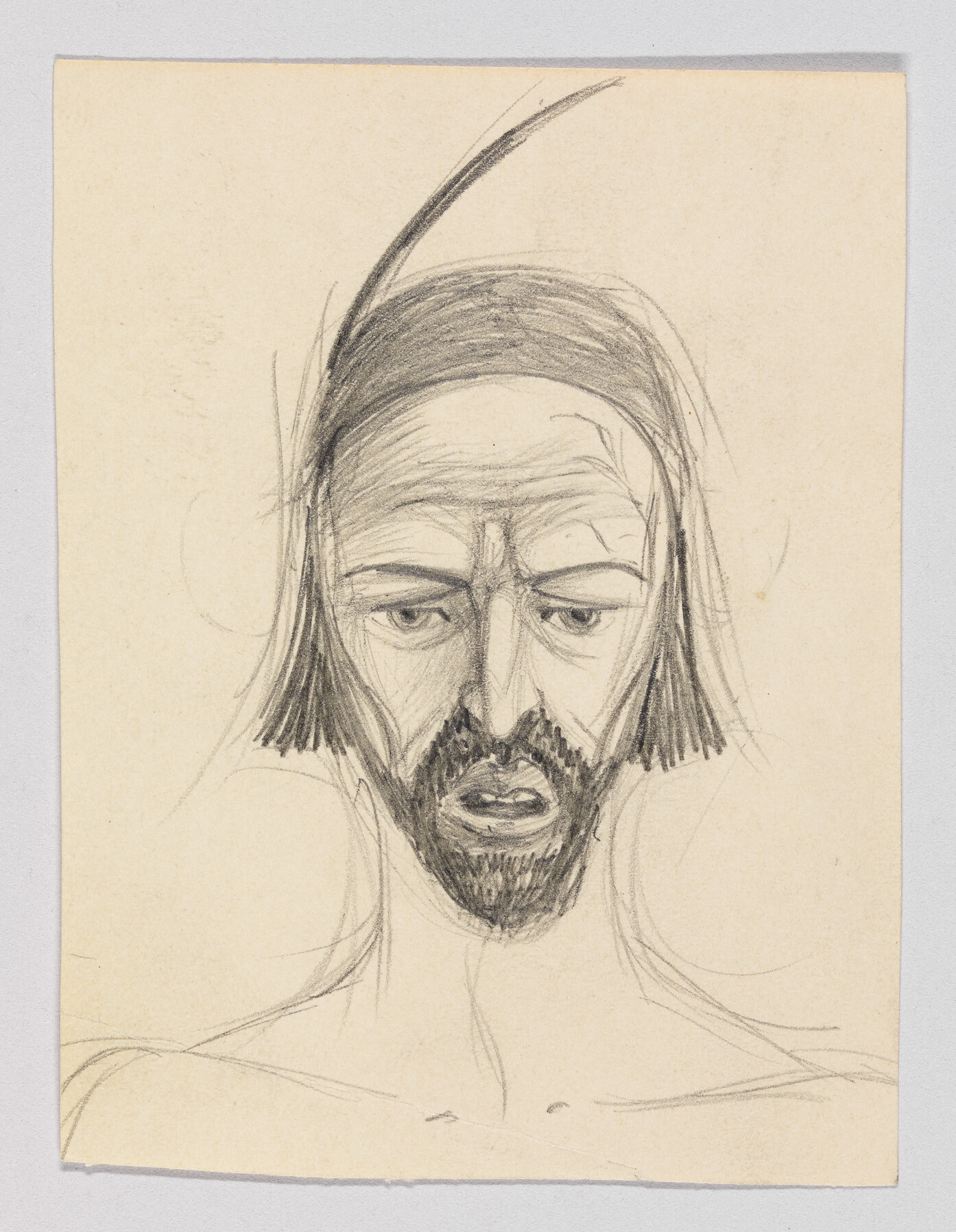 A rough pencil sketch of a bearded man wearing a cap and looking downward with open mouth.