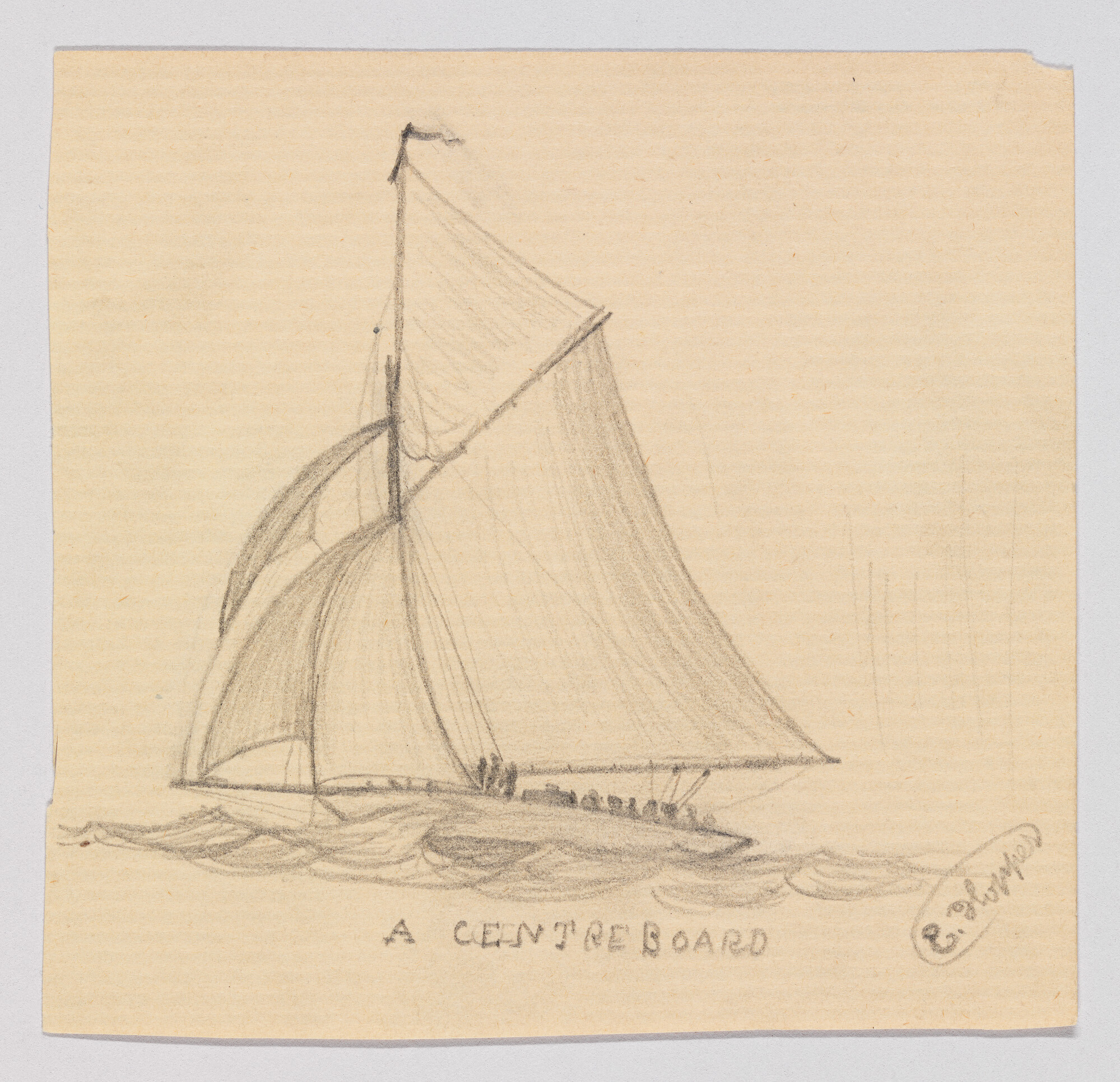 Pencil sketch on tan paper depicting a sailboat with two sails, one larger triangular main sail and a smaller jib in front. The boat is titled "A CENTREBOARD" at the bottom, and there is a signature "E. G. Barnard" at the bottom right. The water is indicated with wavy lines beneath the boat.