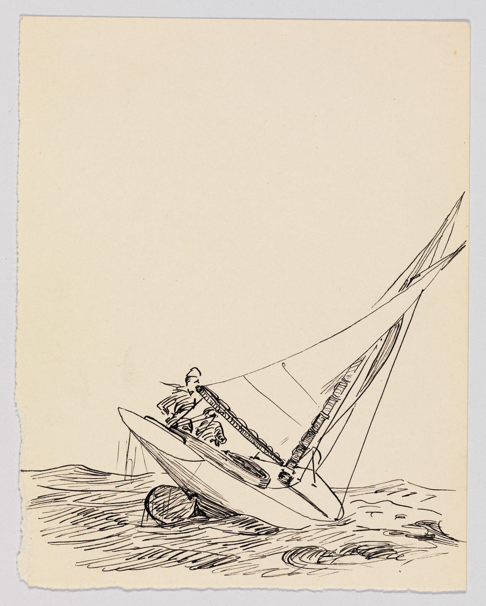 A sketch on tan paper depicting a person sailing a small boat with a single sail, leaning back against the wind, with waves indicated by simple lines. The drawing is dynamic, capturing the motion of sailing, and the paper's edges are visible, suggesting this is an artwork on paper.