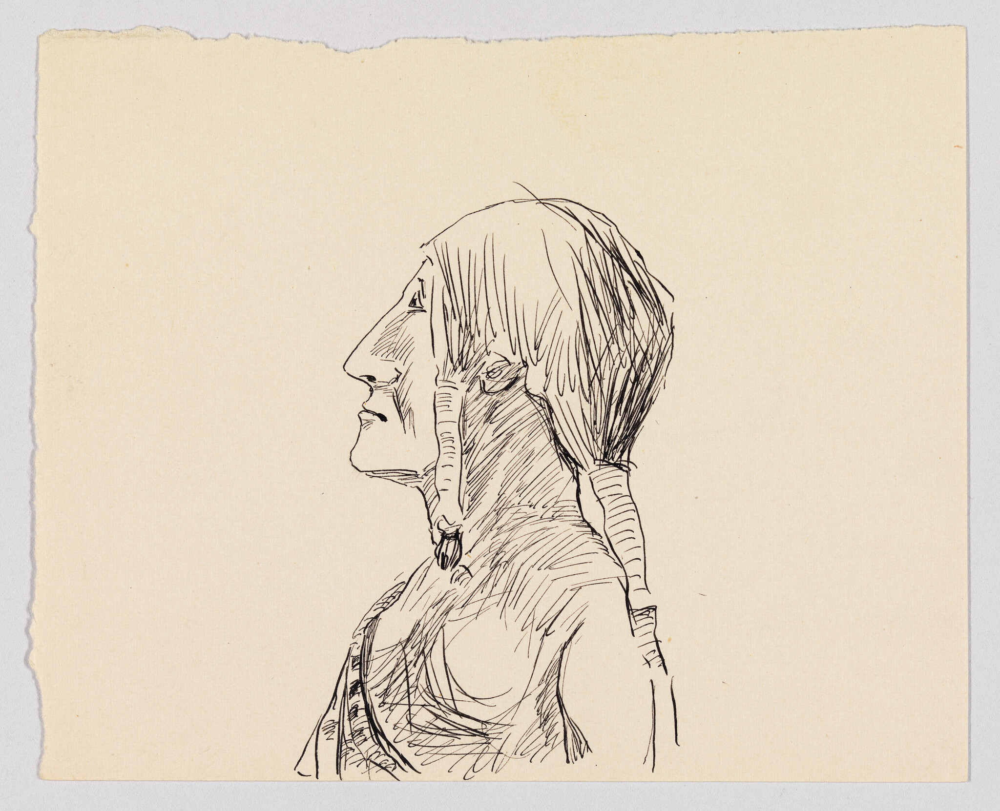 Pen sketch shows a person's side profile with a long braid and pronounced nose.