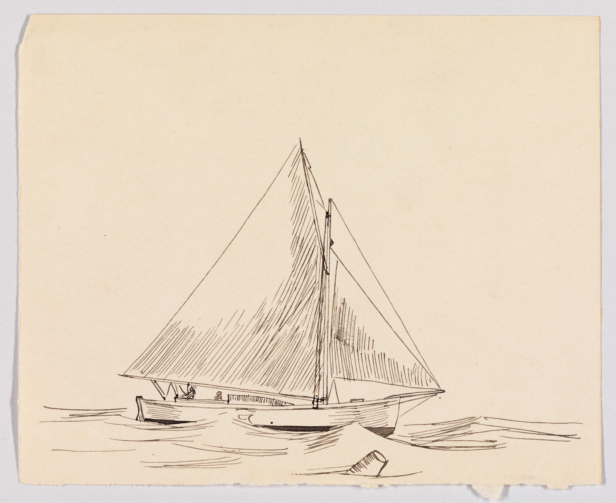 A small sailboat with a large triangular sail glides on calm water near a buoy.