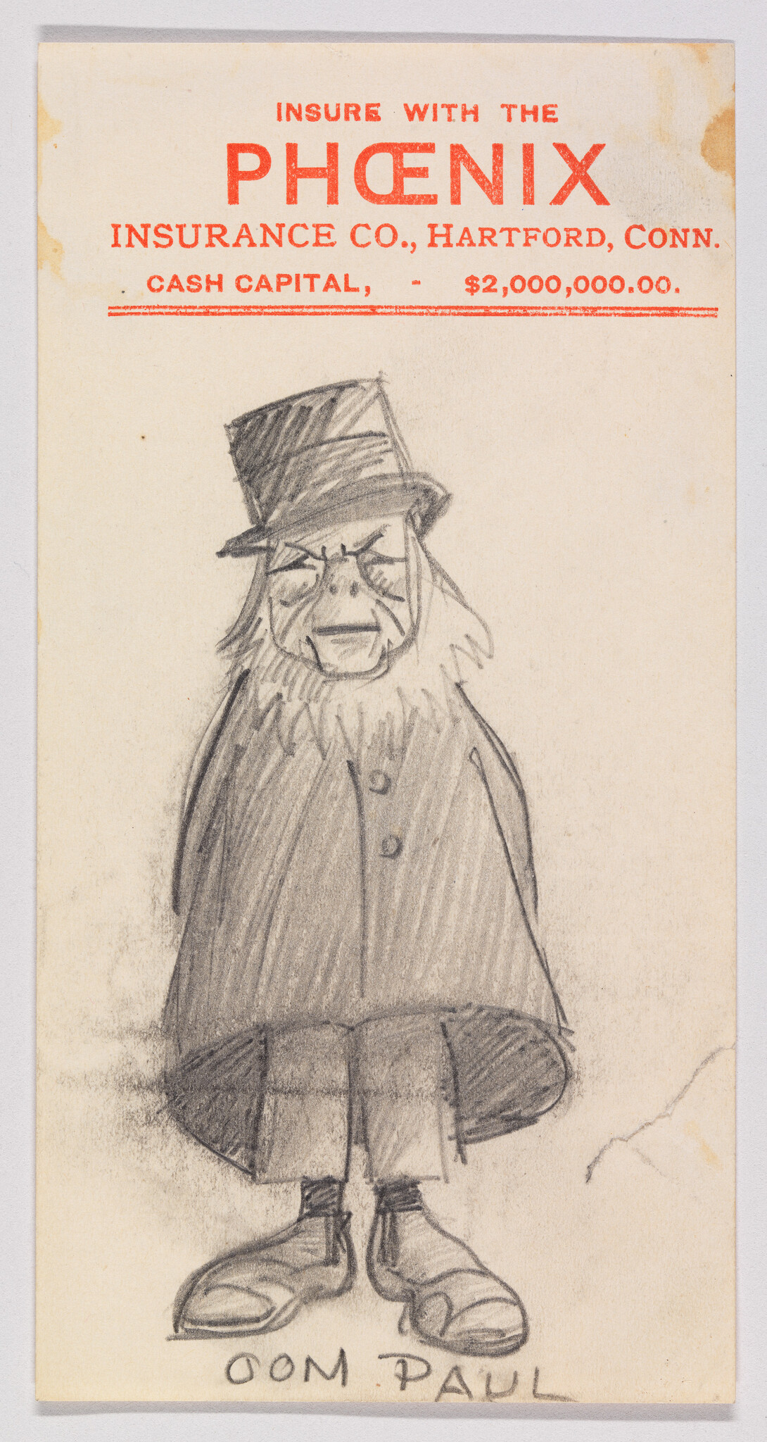 A grumpy bearded man wearing a top hat and long coat stands with his hands hidden.