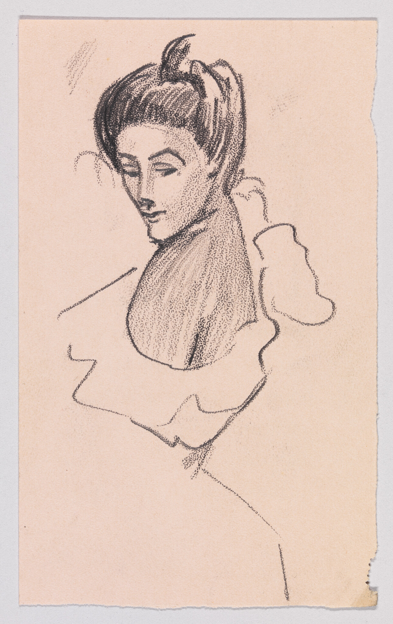 Charcoal sketch of a woman turned slightly, with pulled-back hair and a ruffled collar.