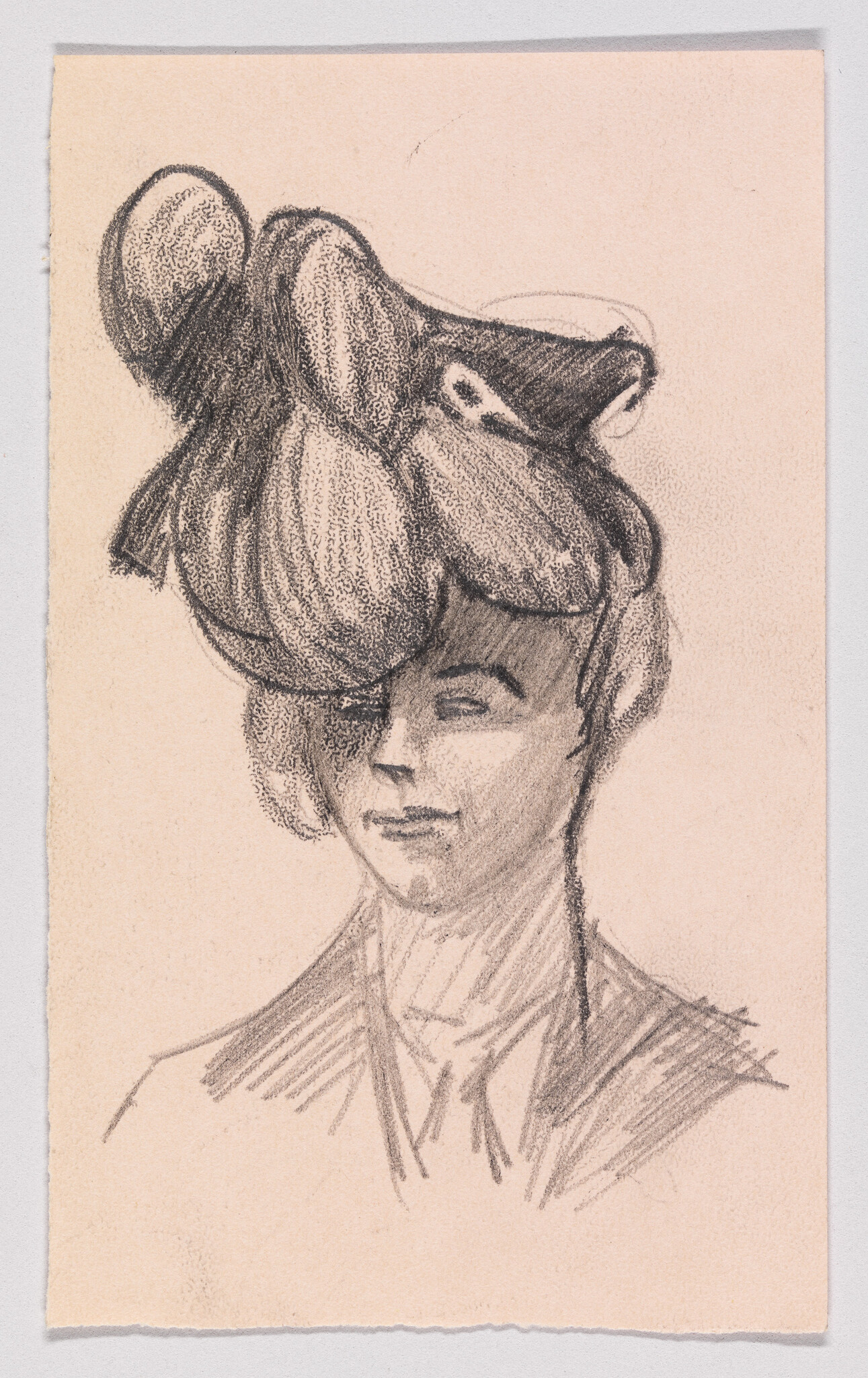 A pencil sketch of a woman with a large, elaborate hat and a faint smile.