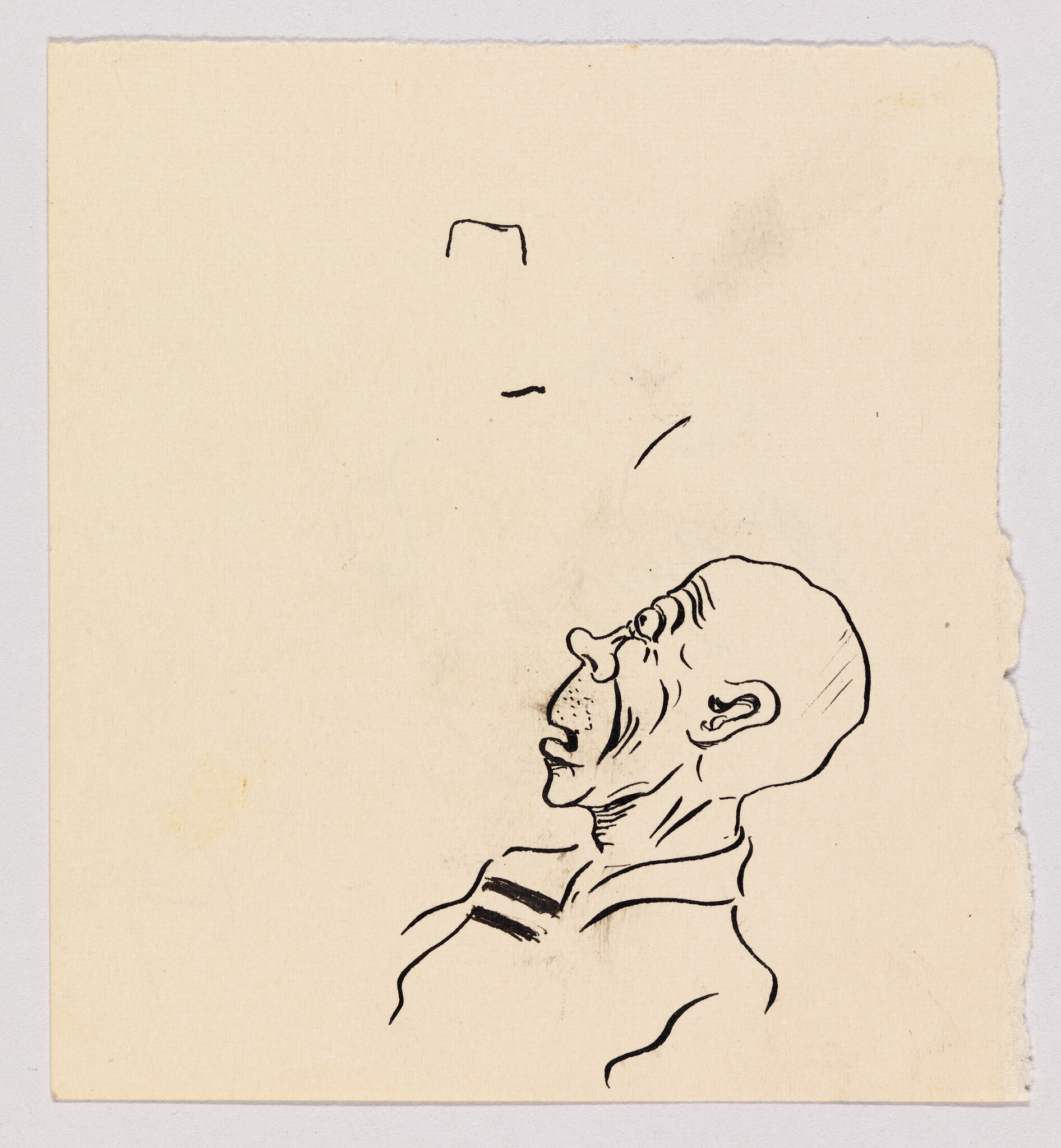 An elderly man in profile looks upward with his mouth open, drawn in simple ink lines.