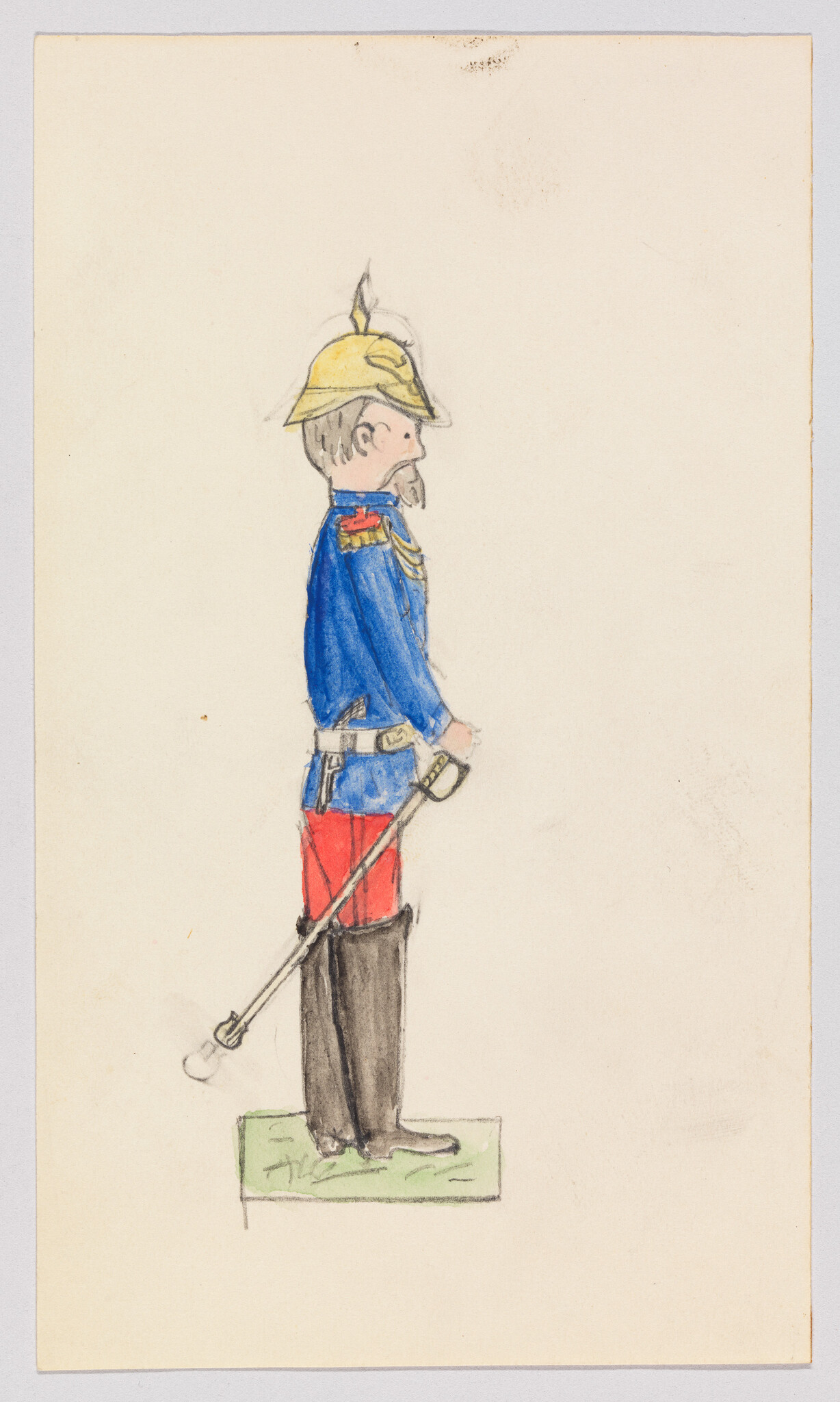 A soldier in a blue tunic and gold helmet stands at attention holding a sword.