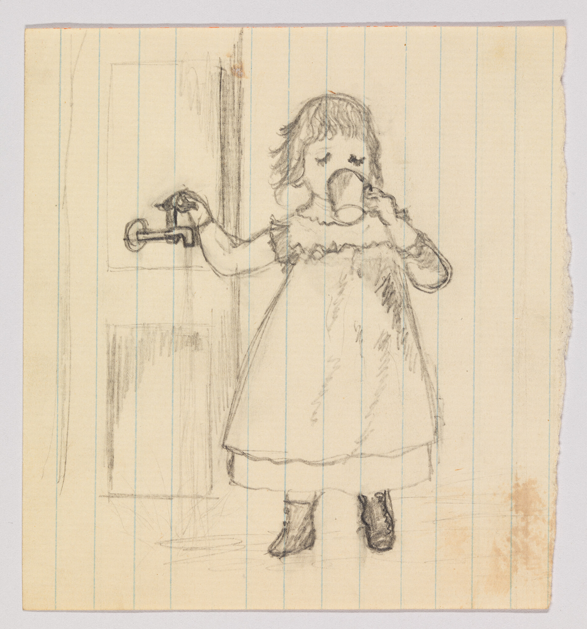 A young girl in a dress holds a cup to her mouth while opening a door.