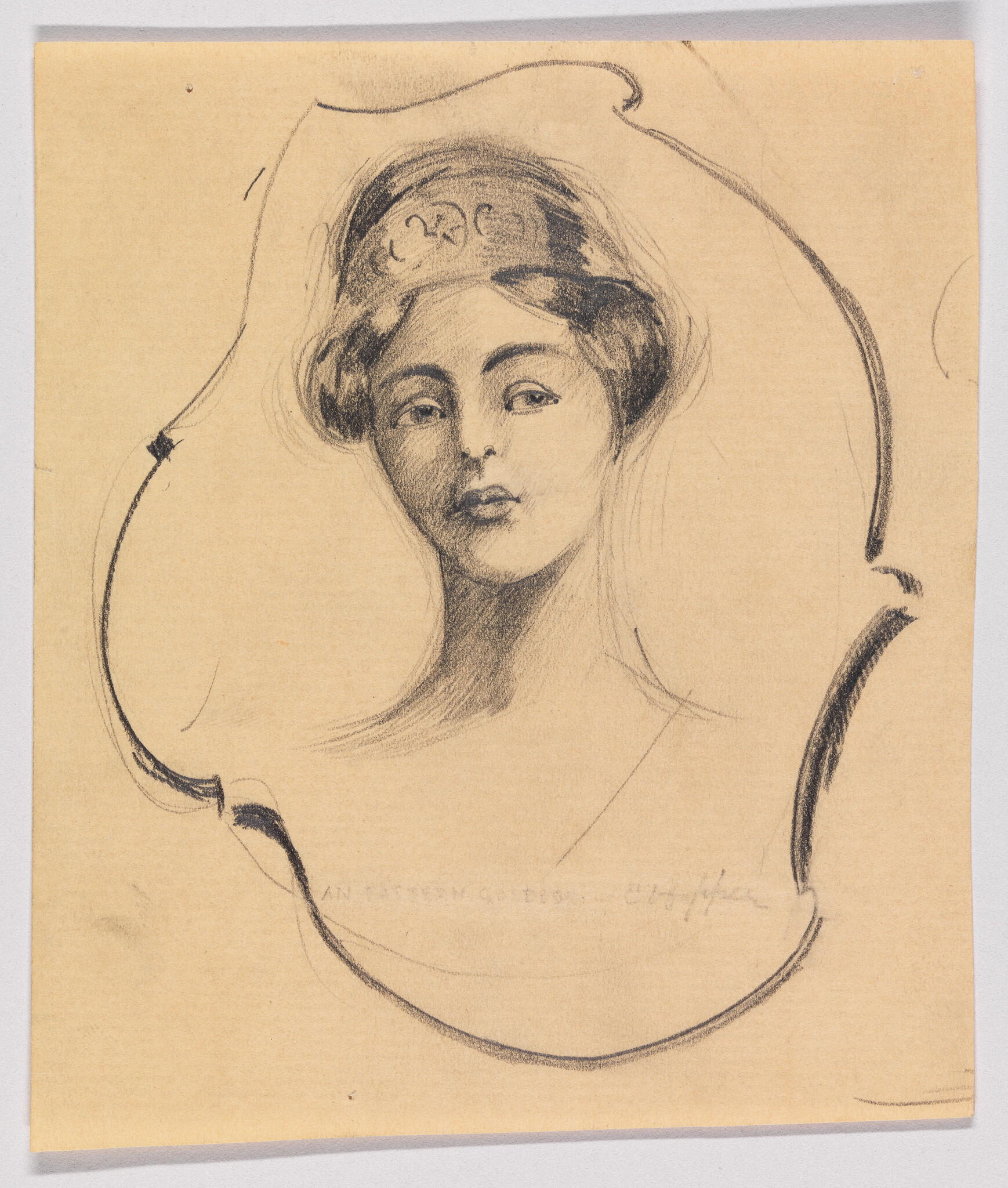 Portrait sketch of a young woman with an ornate headband framed by flowing outline.