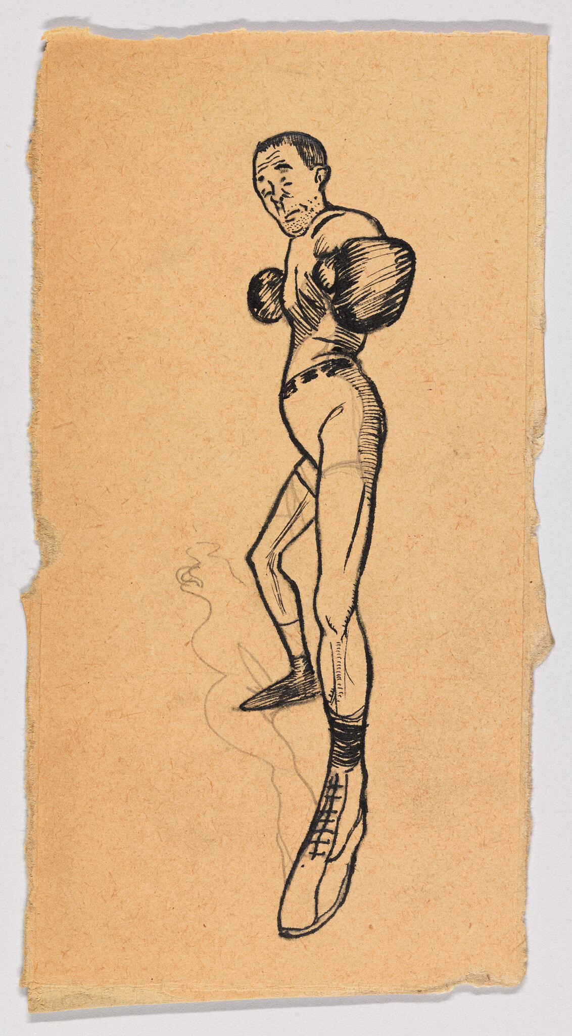 A sketch of a boxer standing in a defensive stance wearing gloves and laced boots.