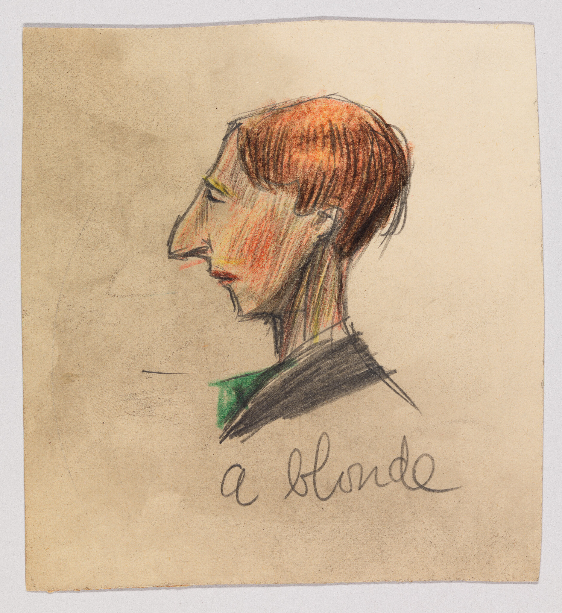 Profile sketch of a man with reddish hair and the handwritten caption "a blonde" beneath.