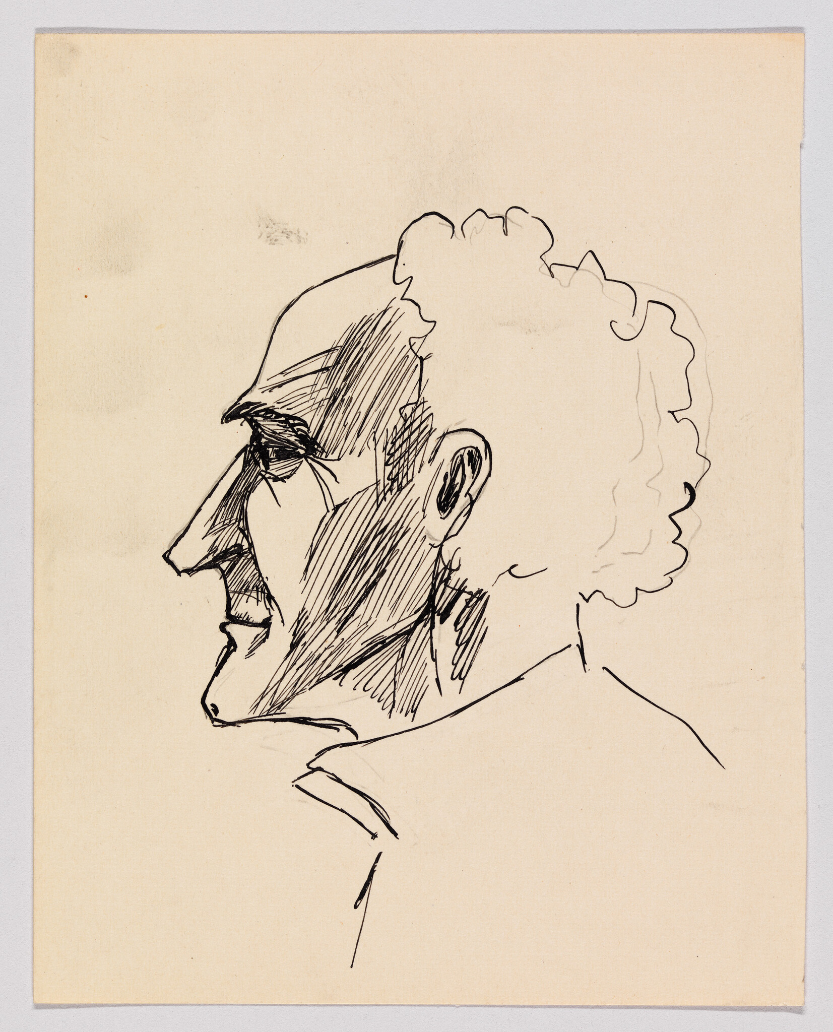 An ink sketch shows an older man in profile with curly hair and strong facial lines.