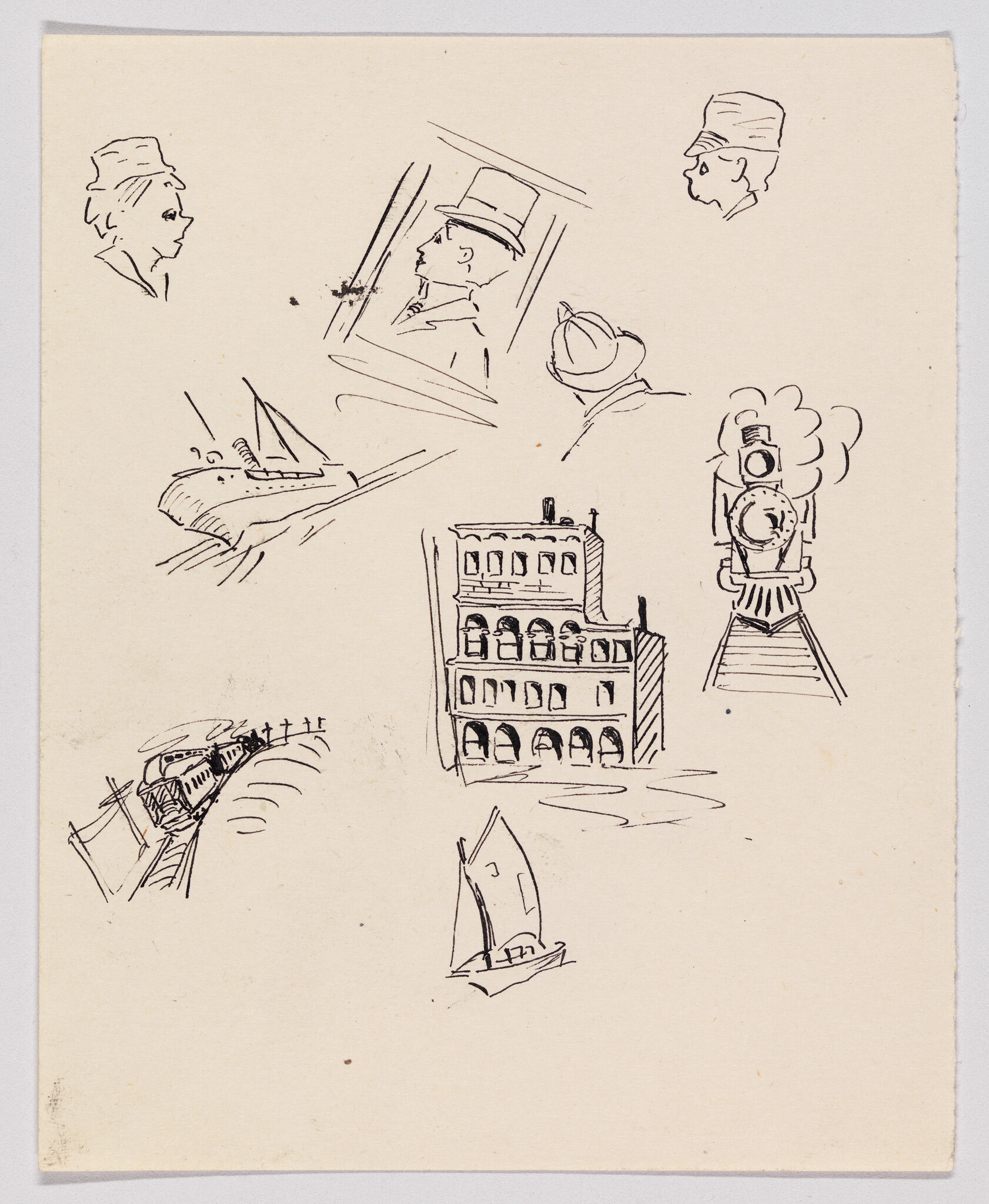 Various quick ink sketches of faces, boats, a multi-story building, and a steam train.