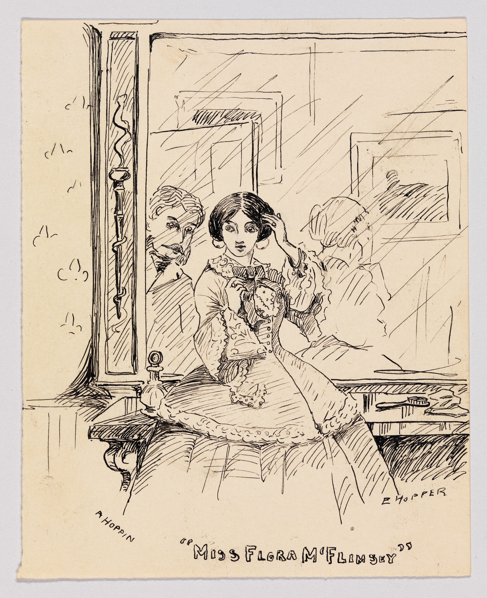 Young woman adjusts her hair at a dressing table while a man peers over her shoulder.