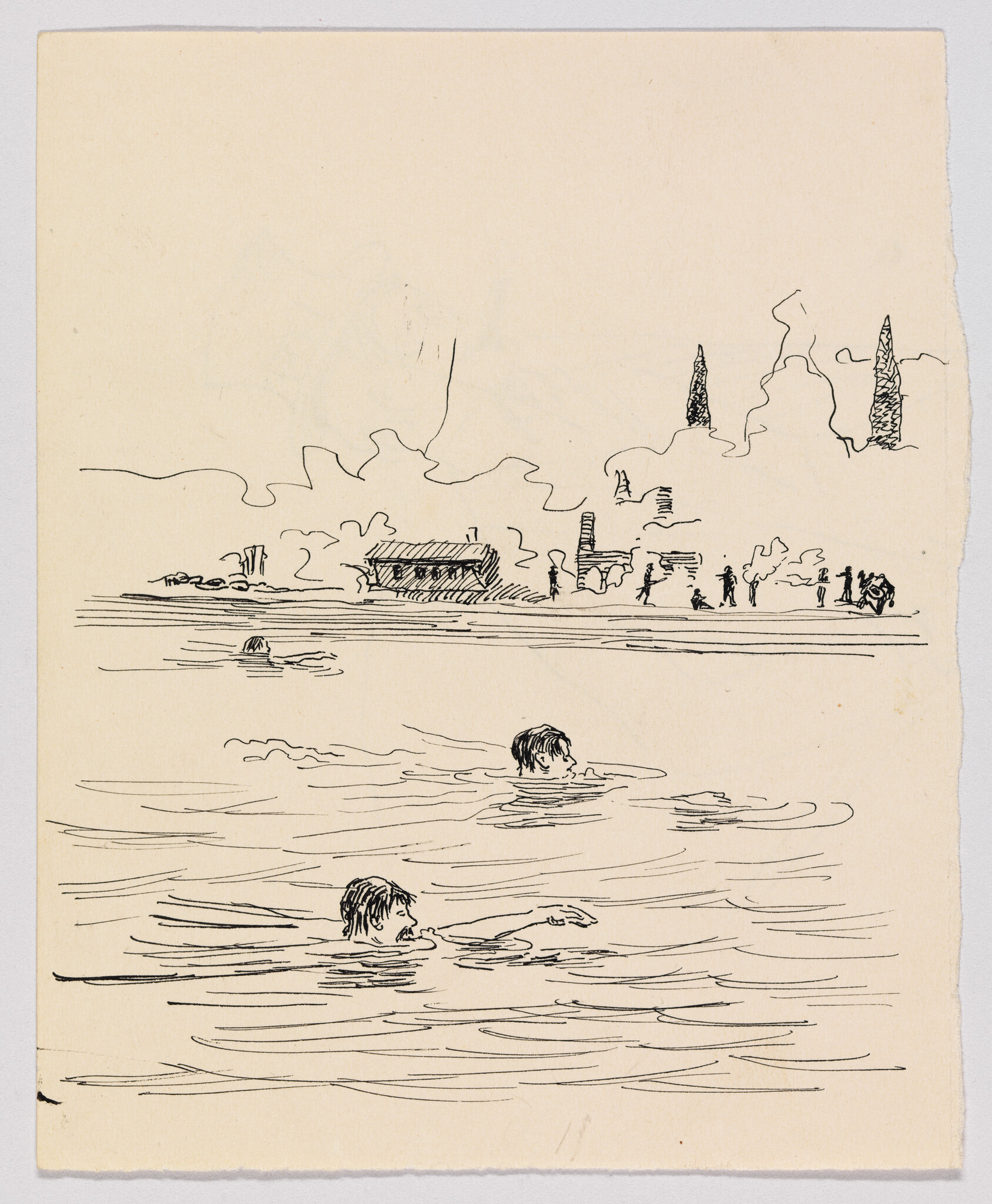 Three people swim in calm water with a distant shoreline of houses and trees.