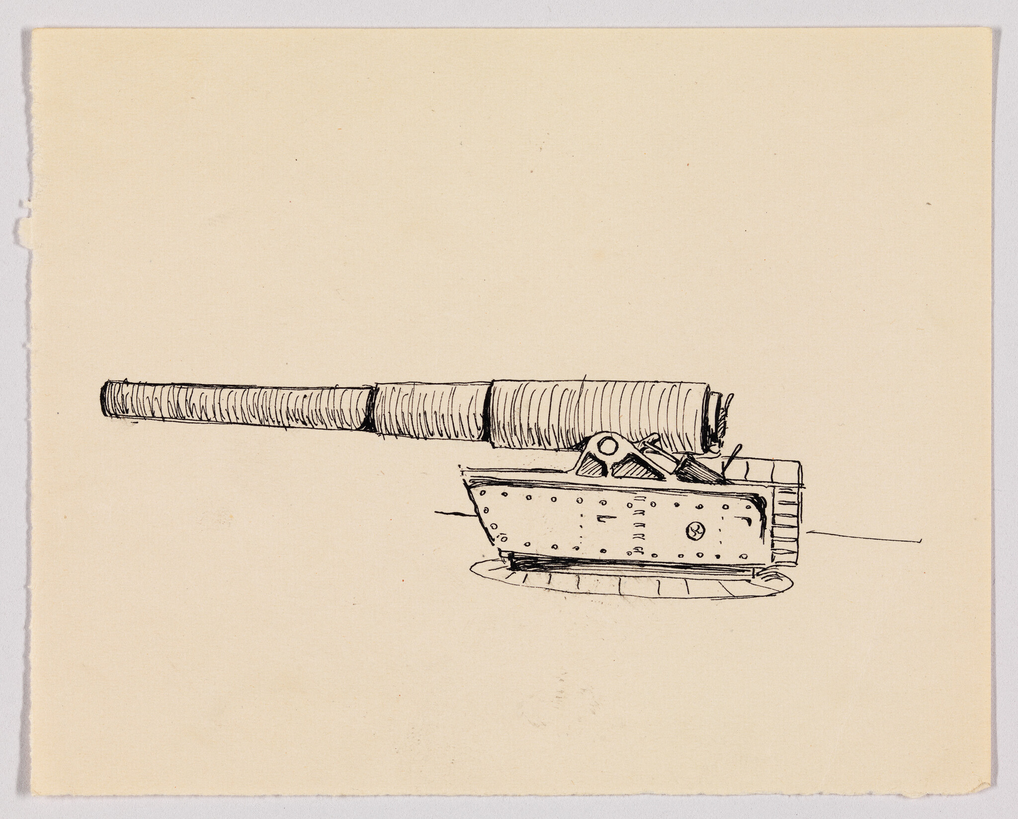A pen sketch of a large naval gun turret with an extended barrel on a simple base.