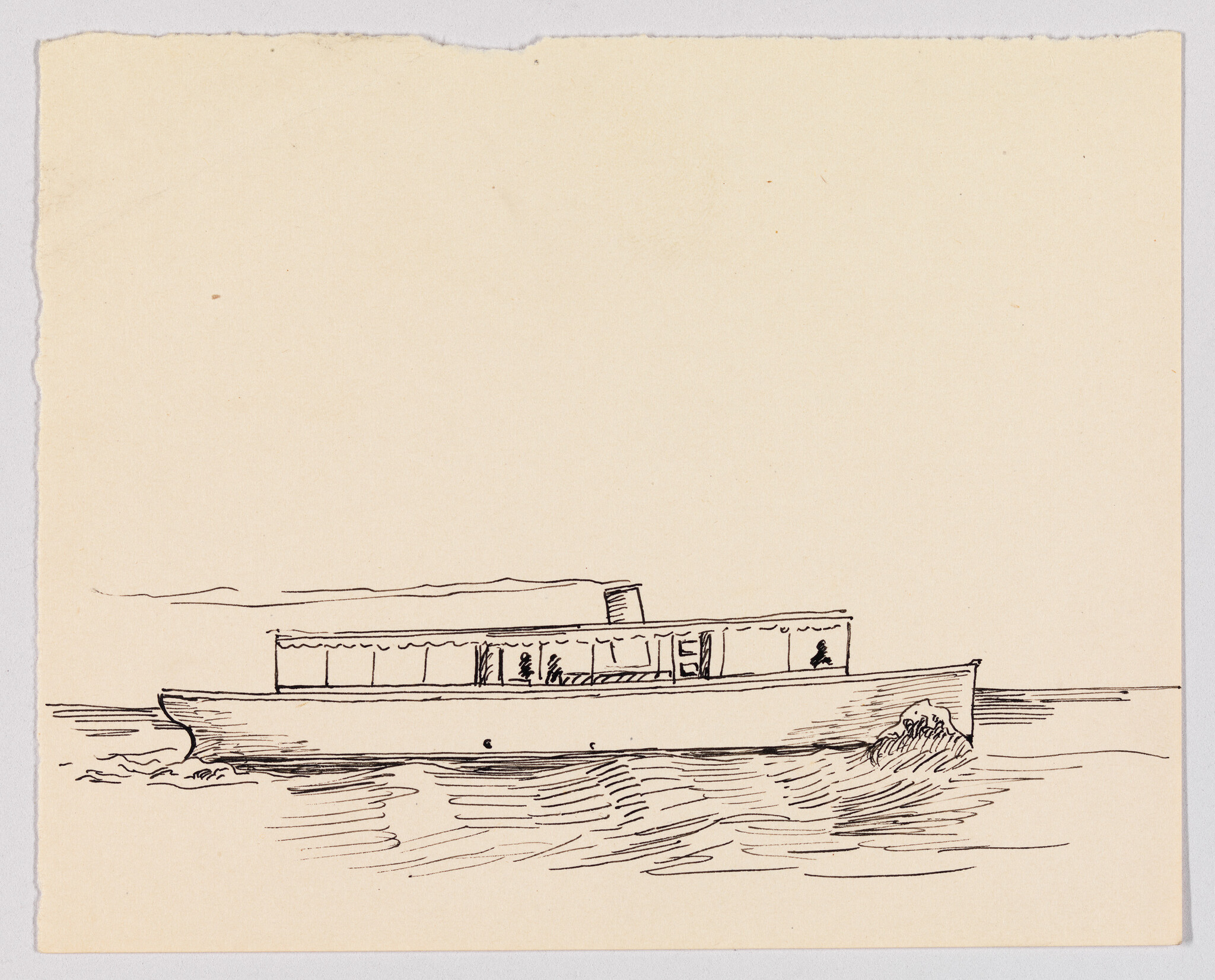 A long cabin motorboat glides across calm water with a small wake behind it.