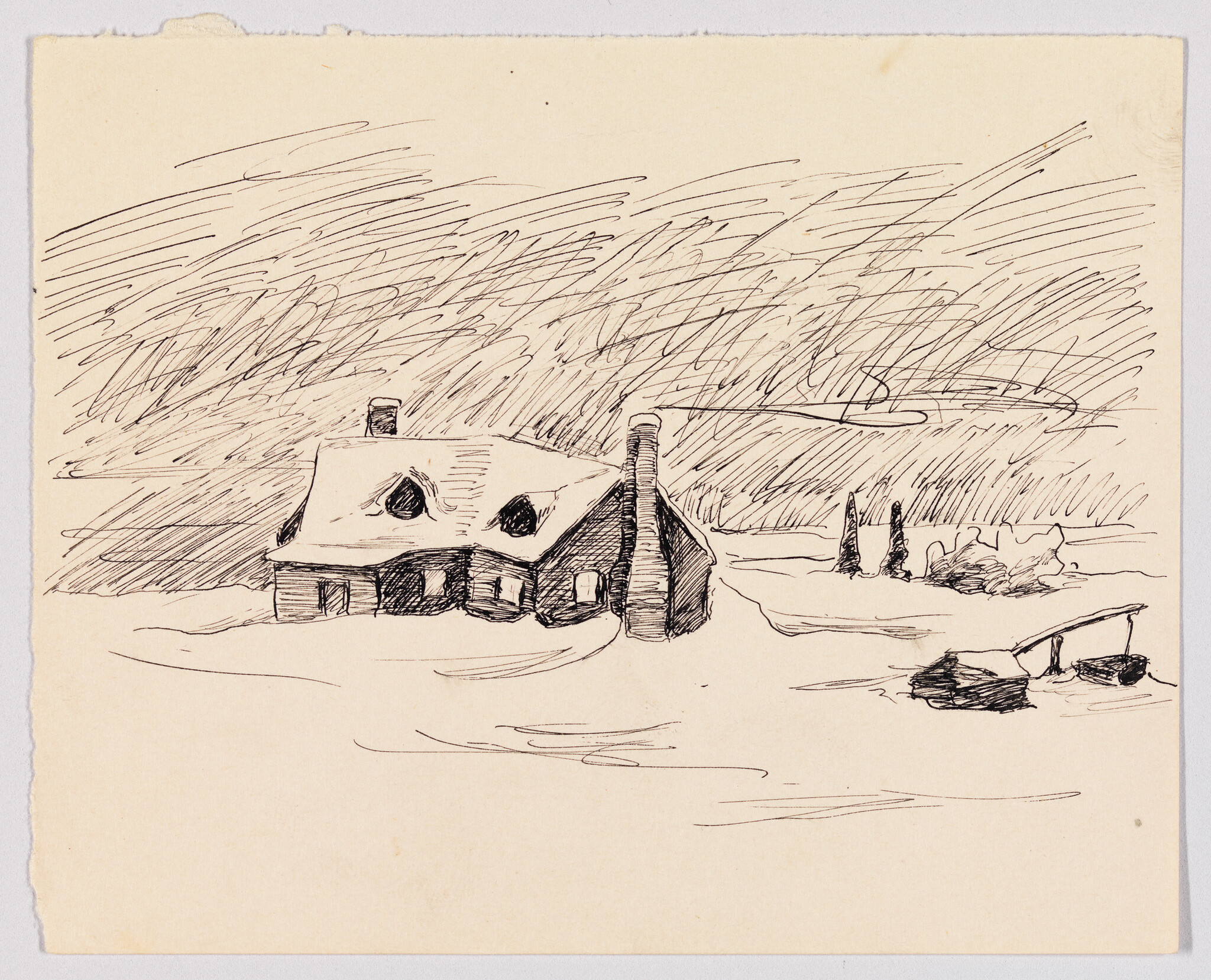 A small cottage with smoke rising from its chimney sits in a snowy, windy landscape.