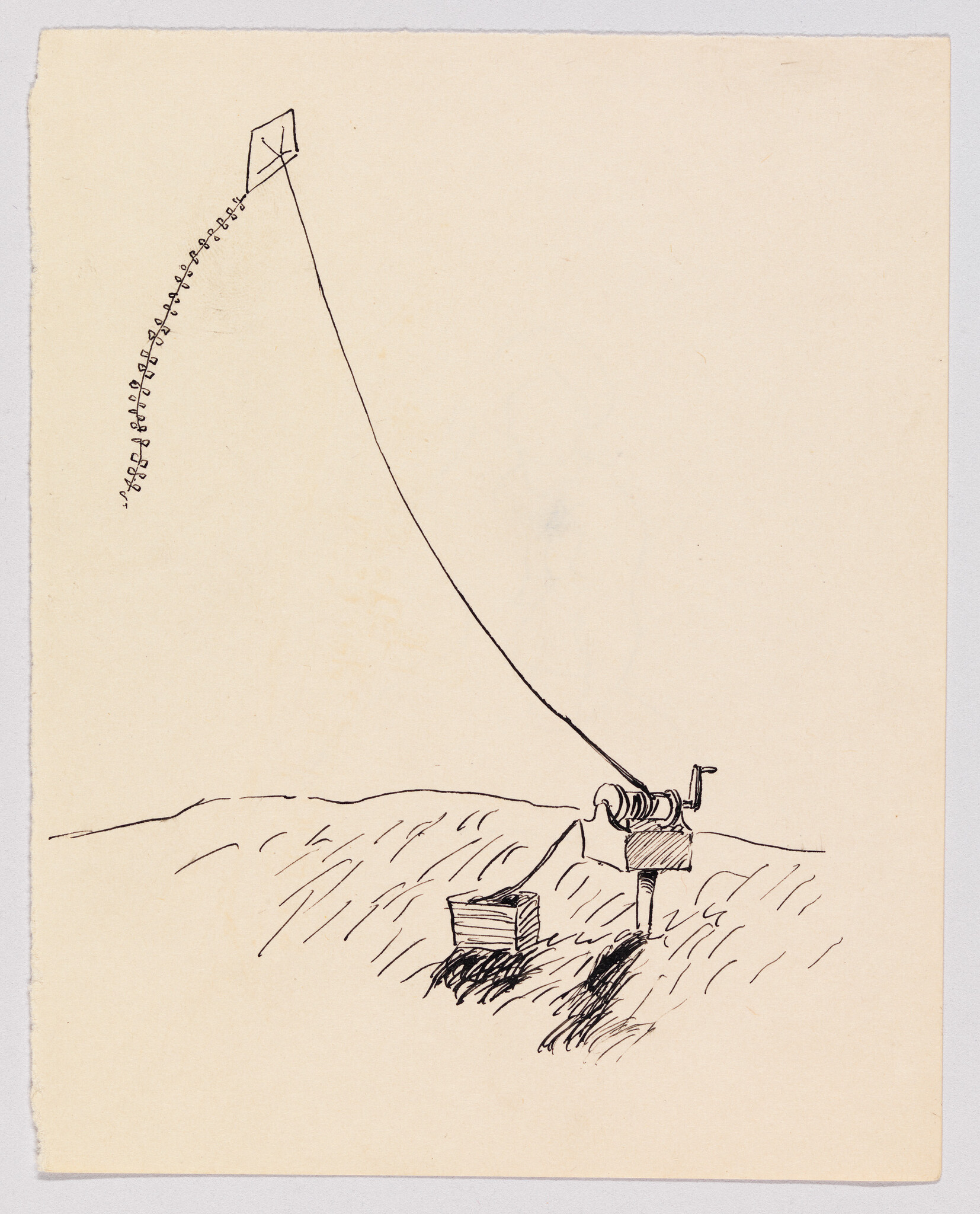 A hand-drawn kite flies on a long line wound to a crank-mounted post beside a small box.