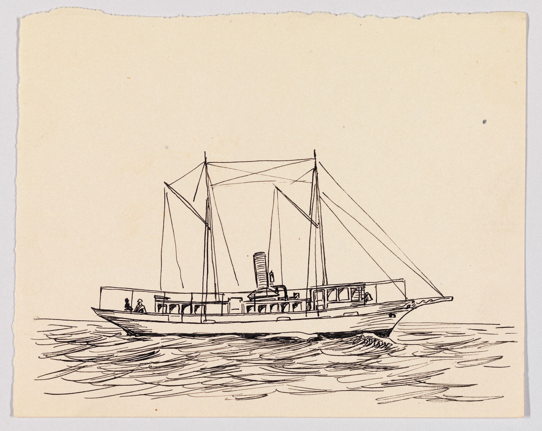 A small steam-powered yacht with two masts sails quietly across choppy water.