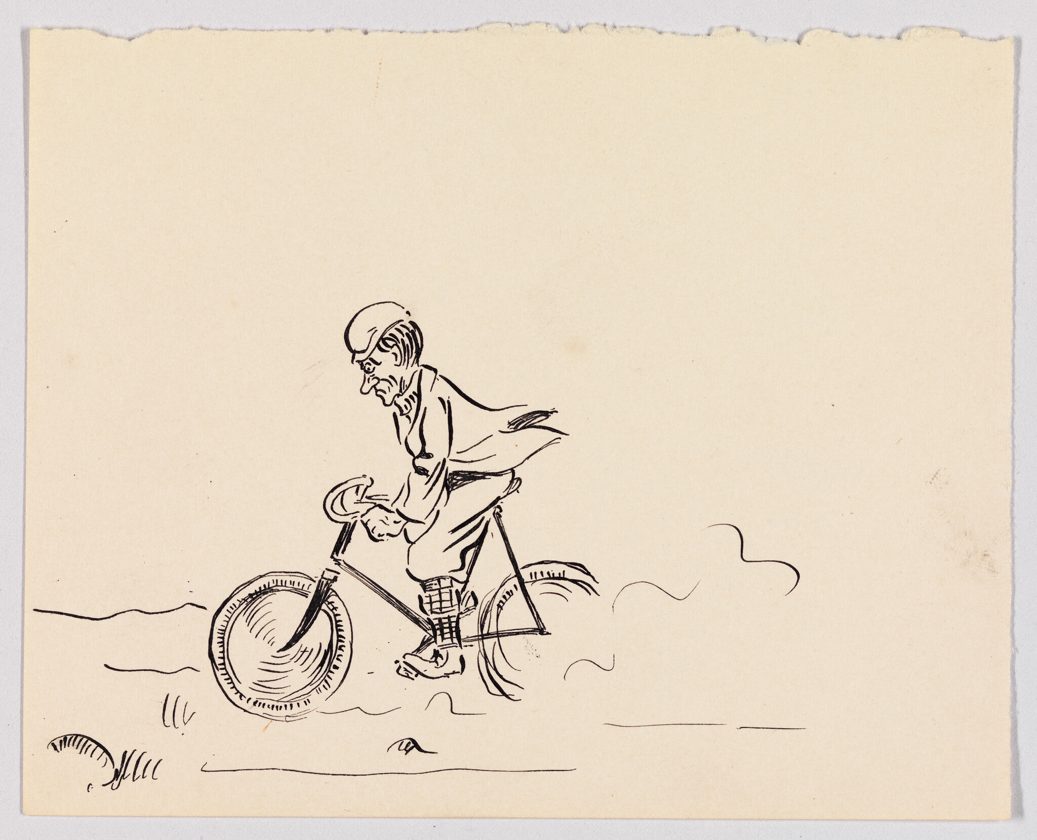 An older man pedals a bicycle across rough ground, coat tails and dust trailing behind him.