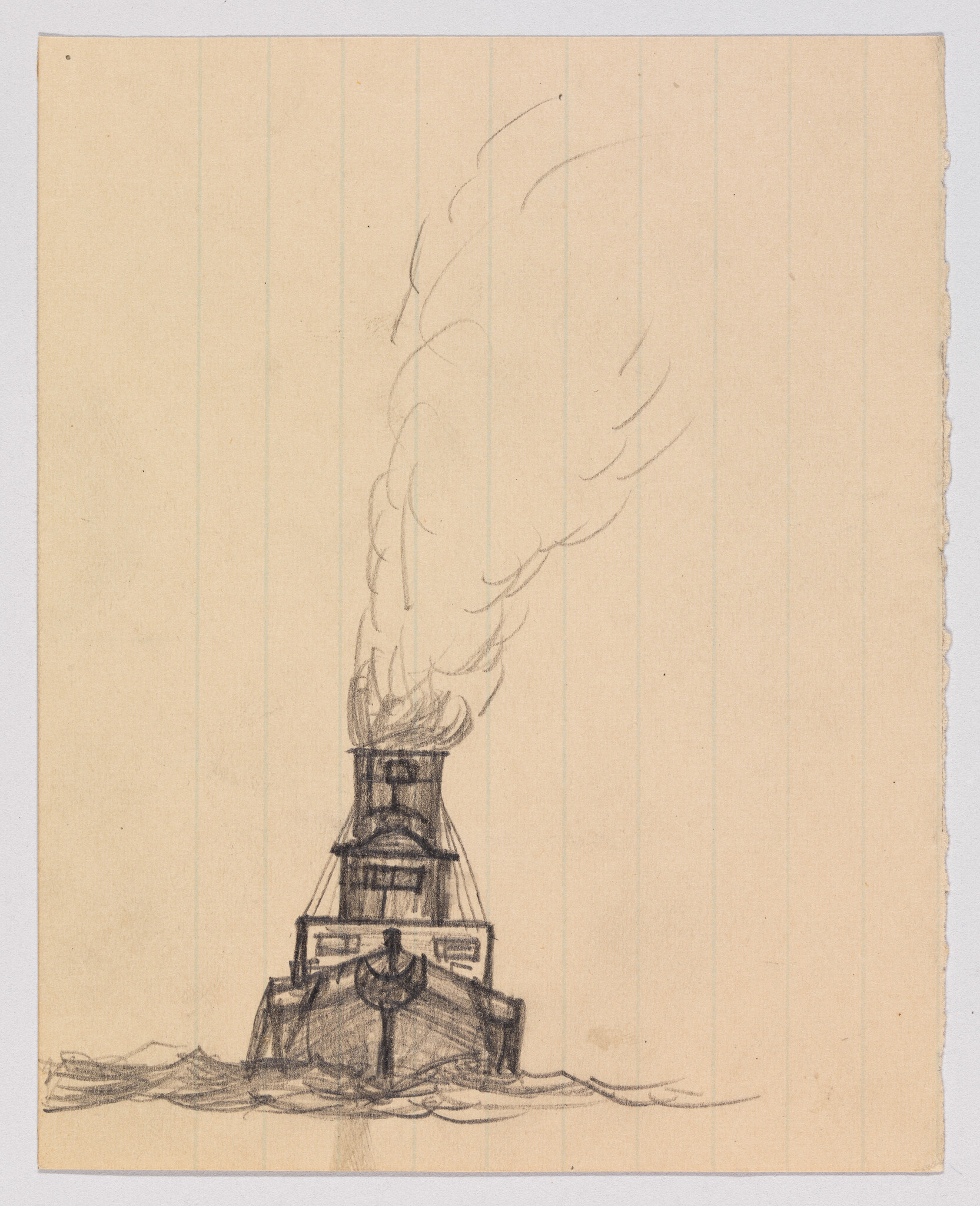 A small steamboat heads toward the viewer with tall smoke rising from its smokestack.