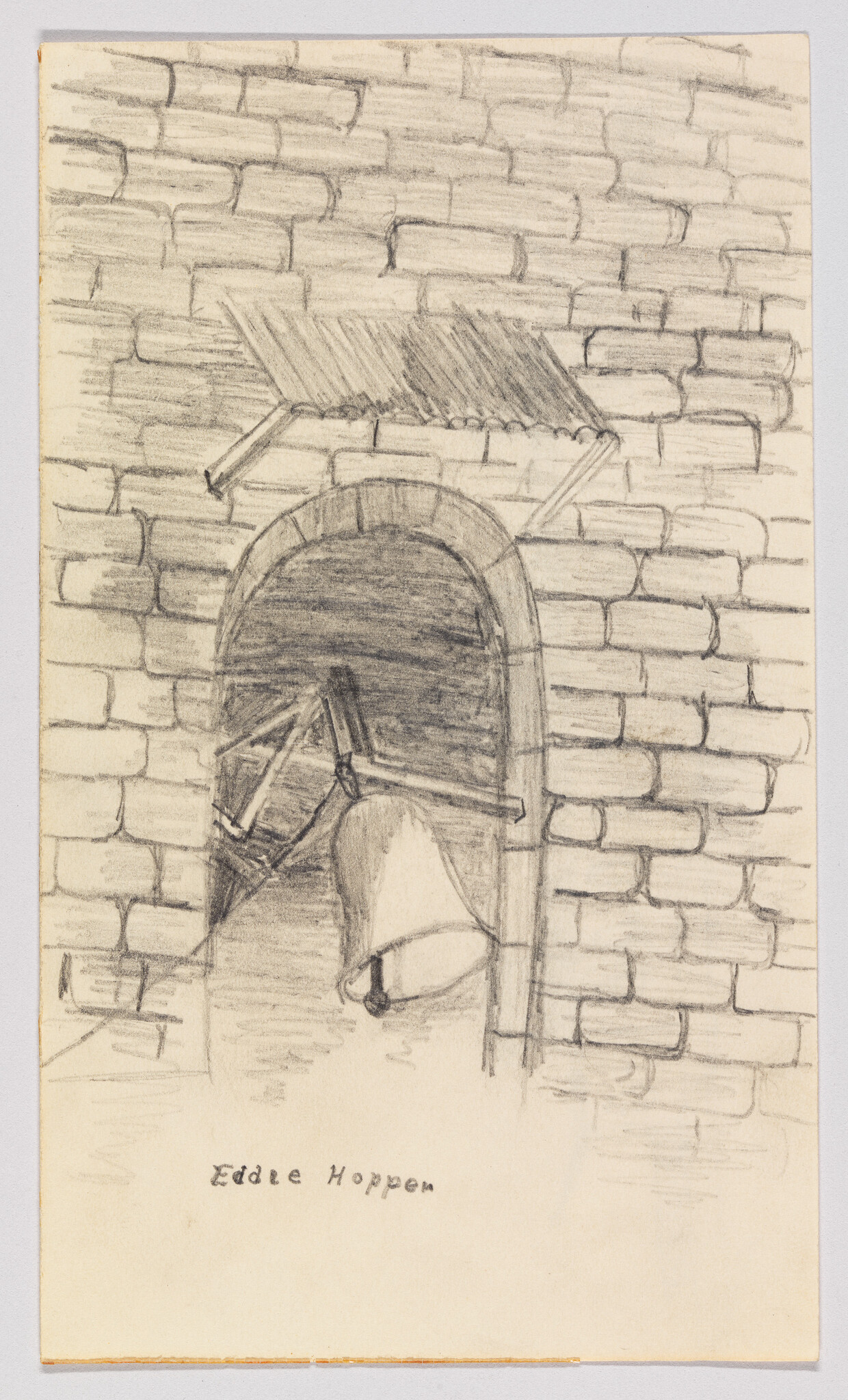 A pencil sketch of a bell hanging inside a brick archway under a small corrugated awning.