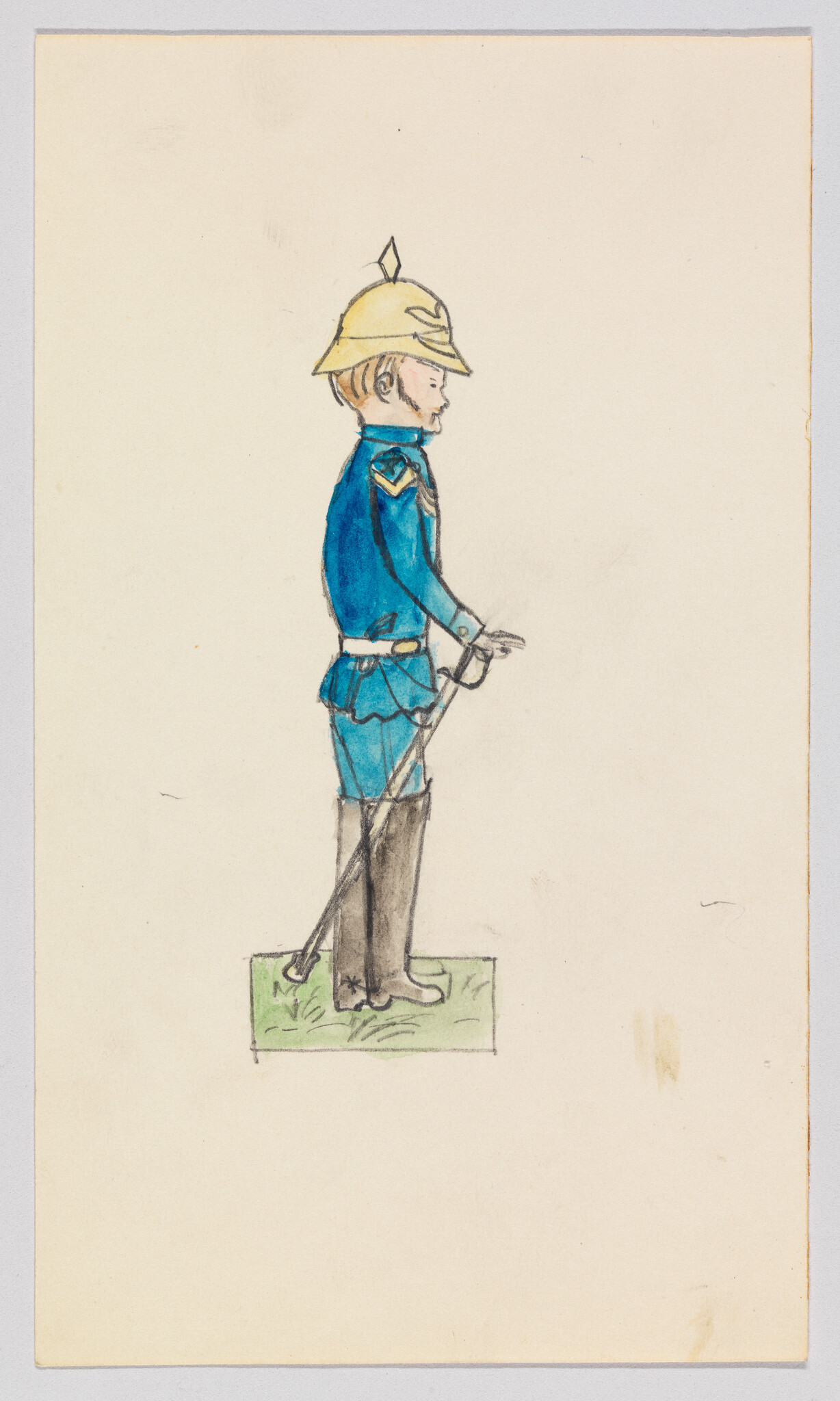 A hand-drawn illustration of a figure in a blue uniform with a yellow helmet, standing in profile on a green base. The figure appears to be a soldier or a ceremonial guard, holding a sword at their side, with a stoic expression on their face. The drawing is done on a beige paper with some coloration, suggesting it may be a concept sketch or a character design.