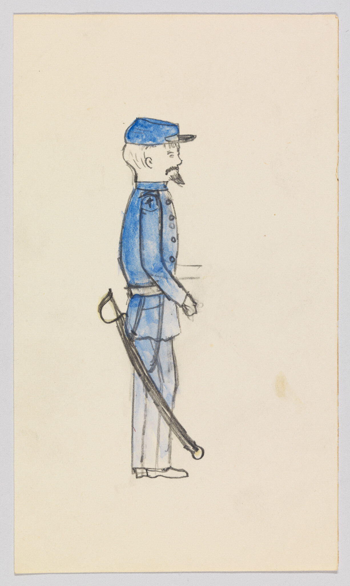 A soldier in a blue Civil War uniform stands in profile with a sword at his side.