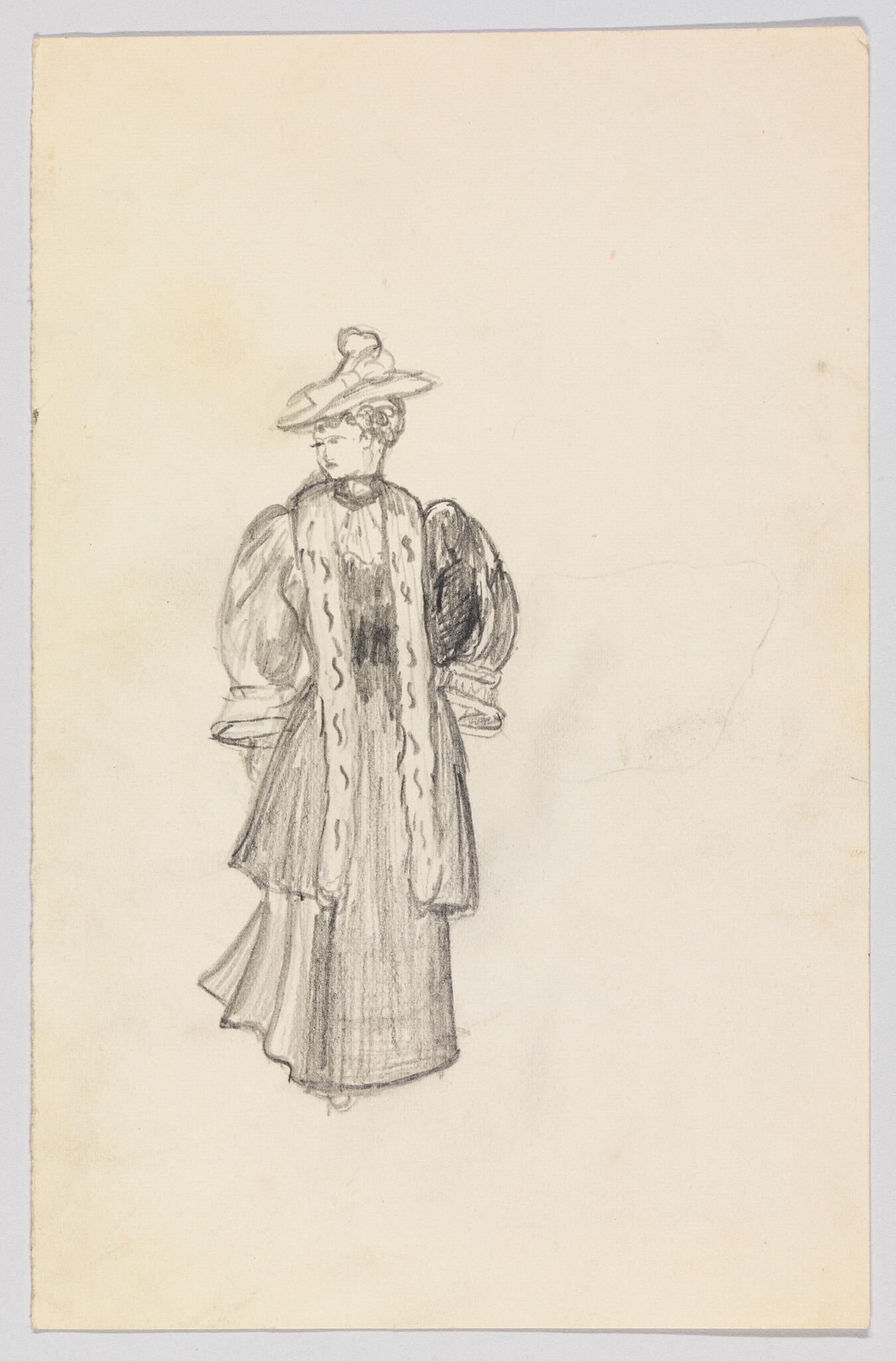Woman wearing a long dress with puffed sleeves and a wide hat, drawn in pencil.