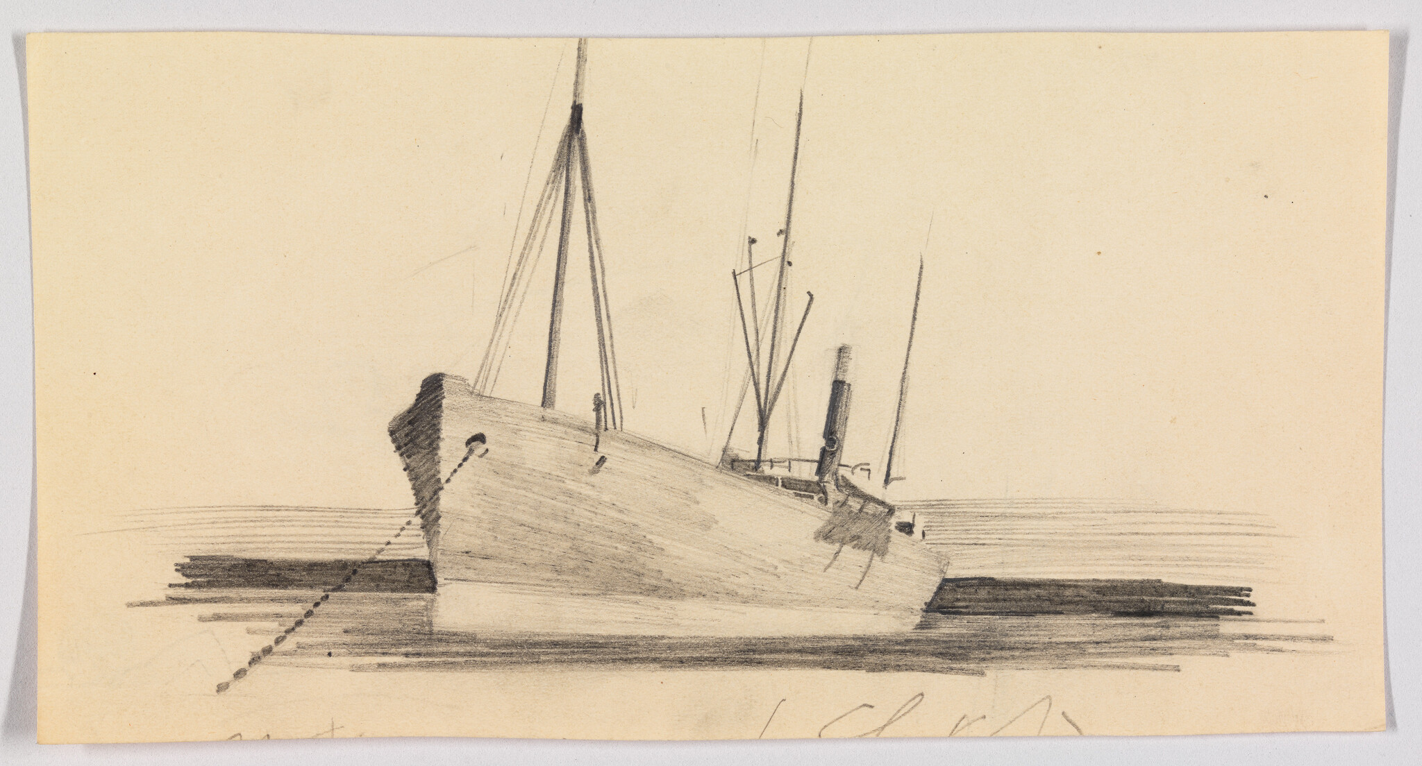 Pencil sketch of a moored sailboat leaning slightly with masts and an anchor chain.