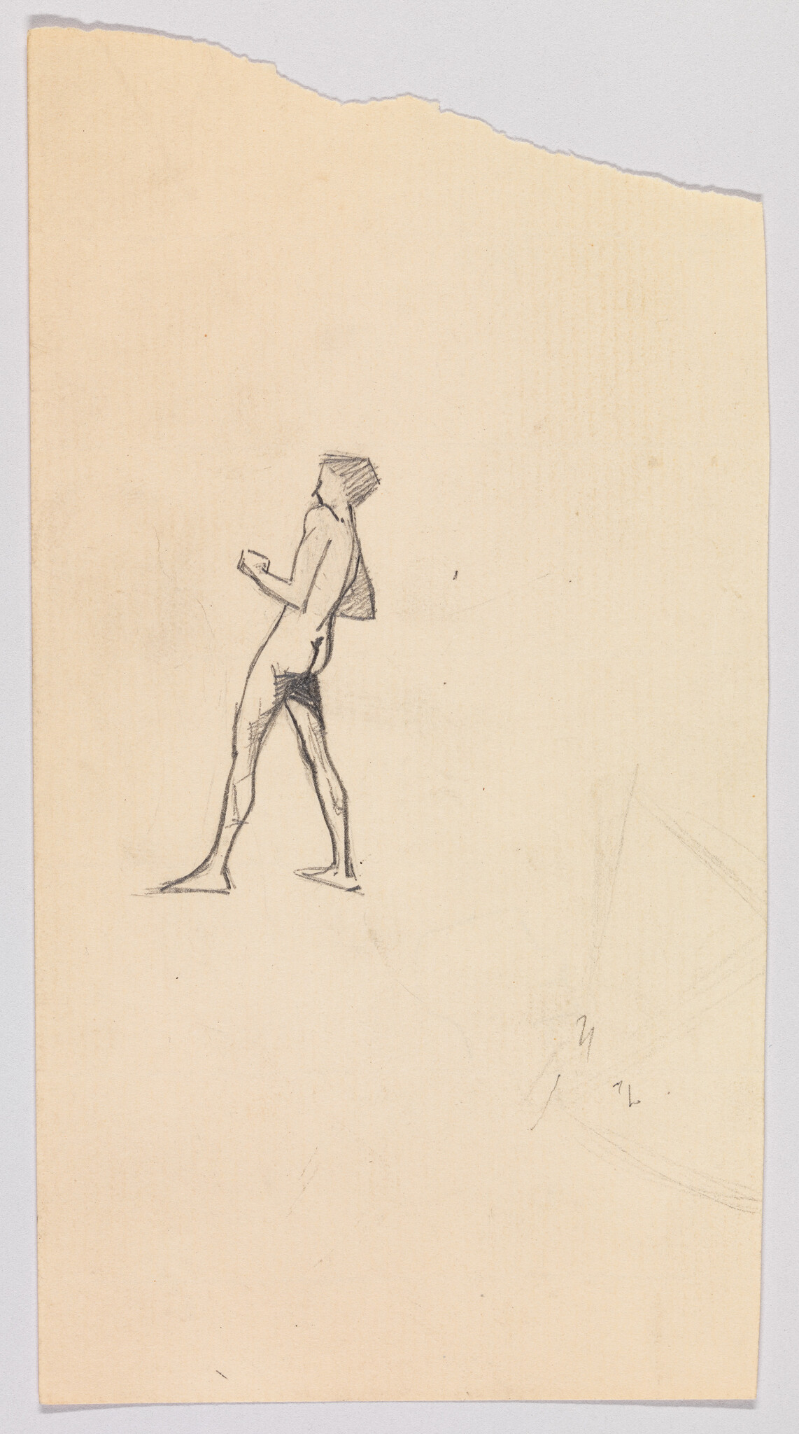 Small pencil sketch shows a nude male figure walking with one foot forward on torn paper.