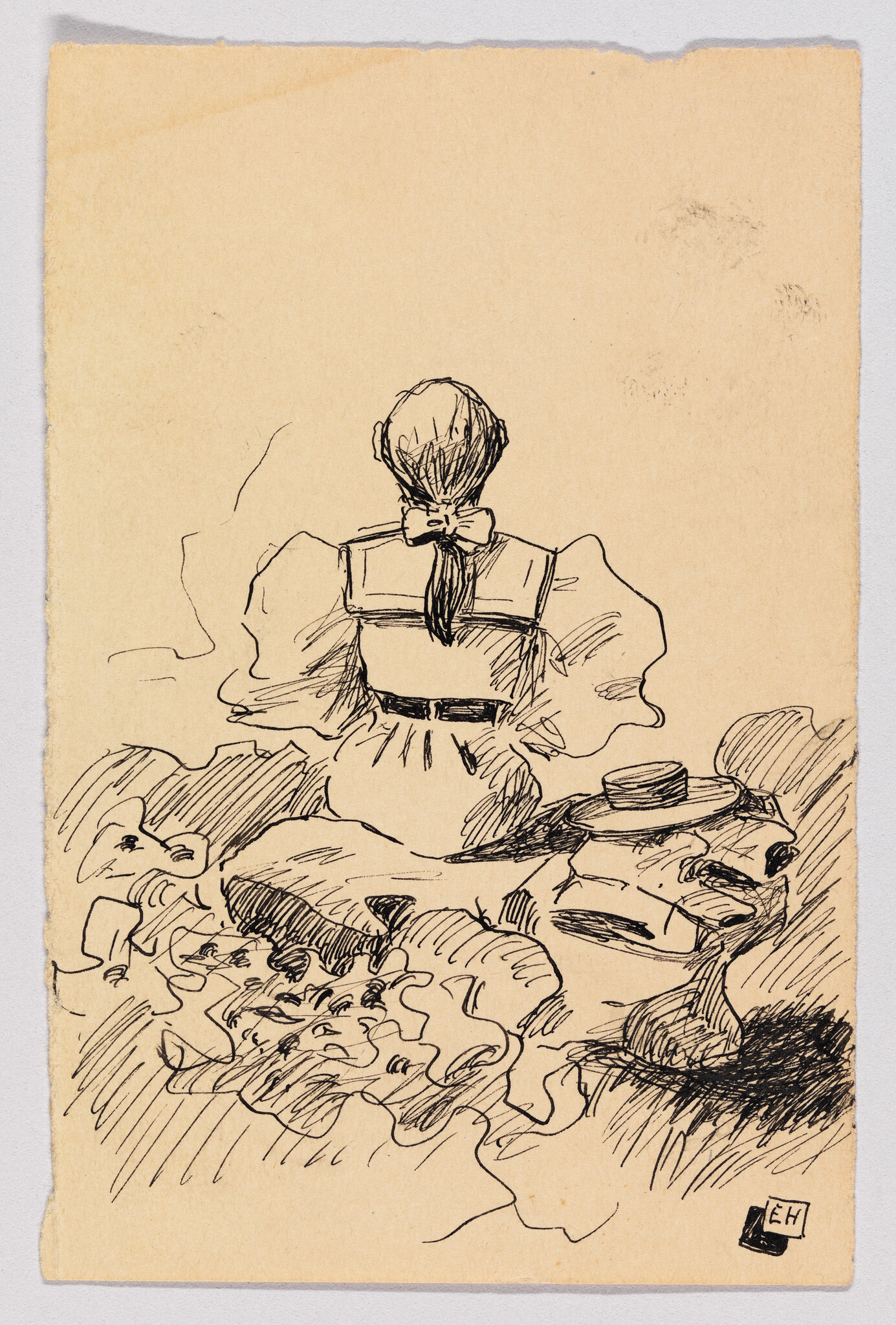 A young woman with a bow in her hair sits on rocks by the water.