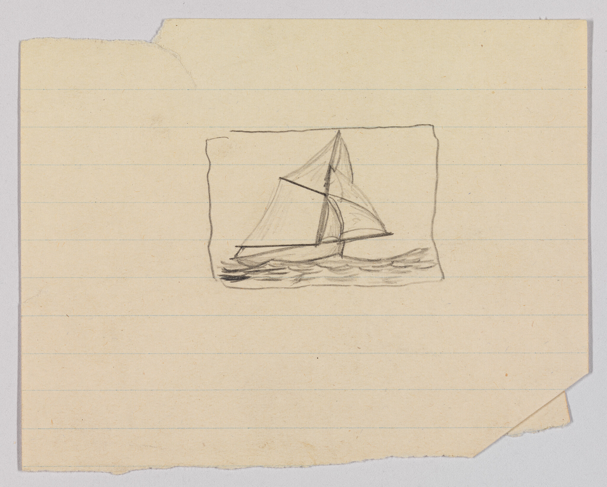 Small pencil sketch of a sailboat with sails raised floating on rough water on torn lined paper.