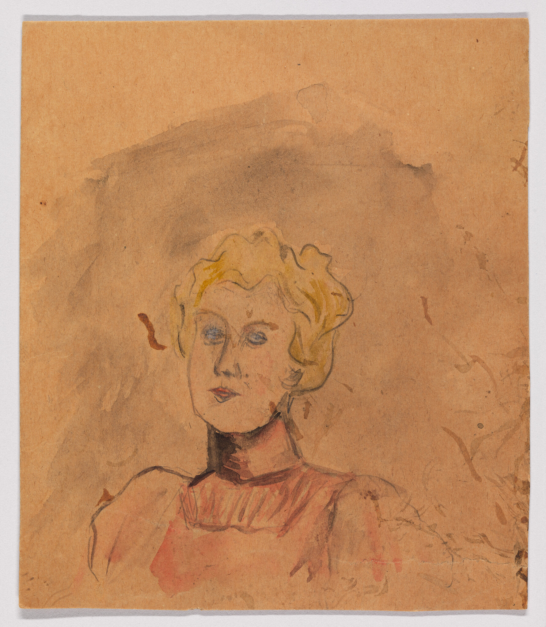 A watercolor sketch of a woman with blond hair wearing a high-collared dress.