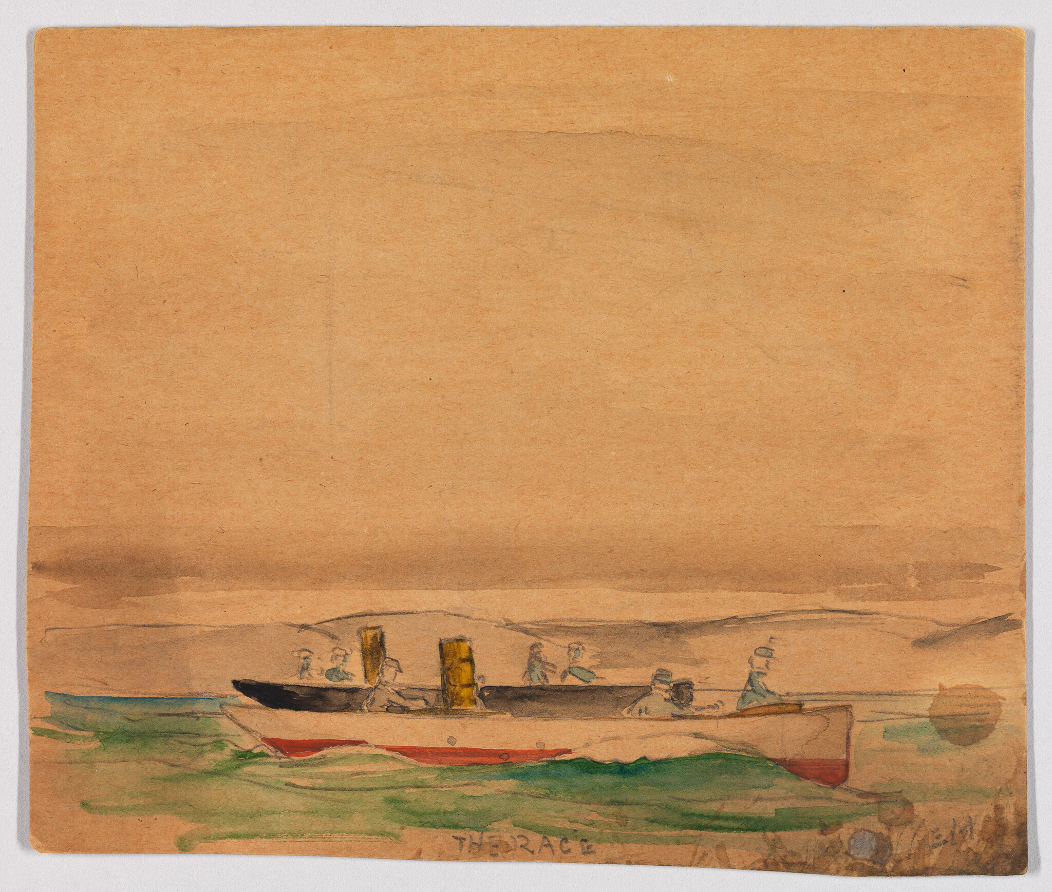 A small motorboat with several people racing across green water under a pale sky.