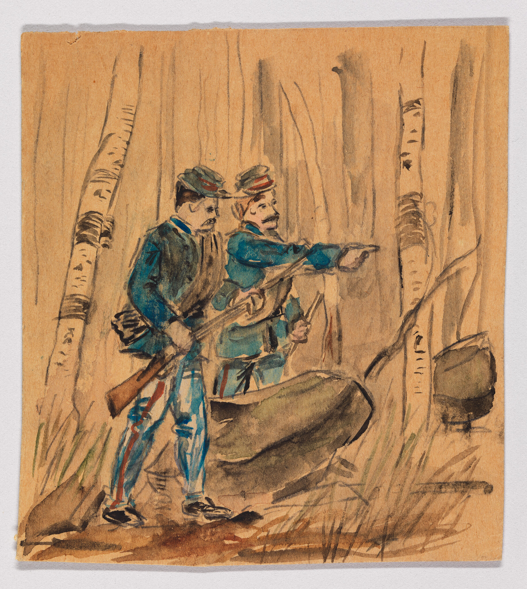 Two soldiers in blue uniforms stand among birch trees while one points and the other holds a rifle.
