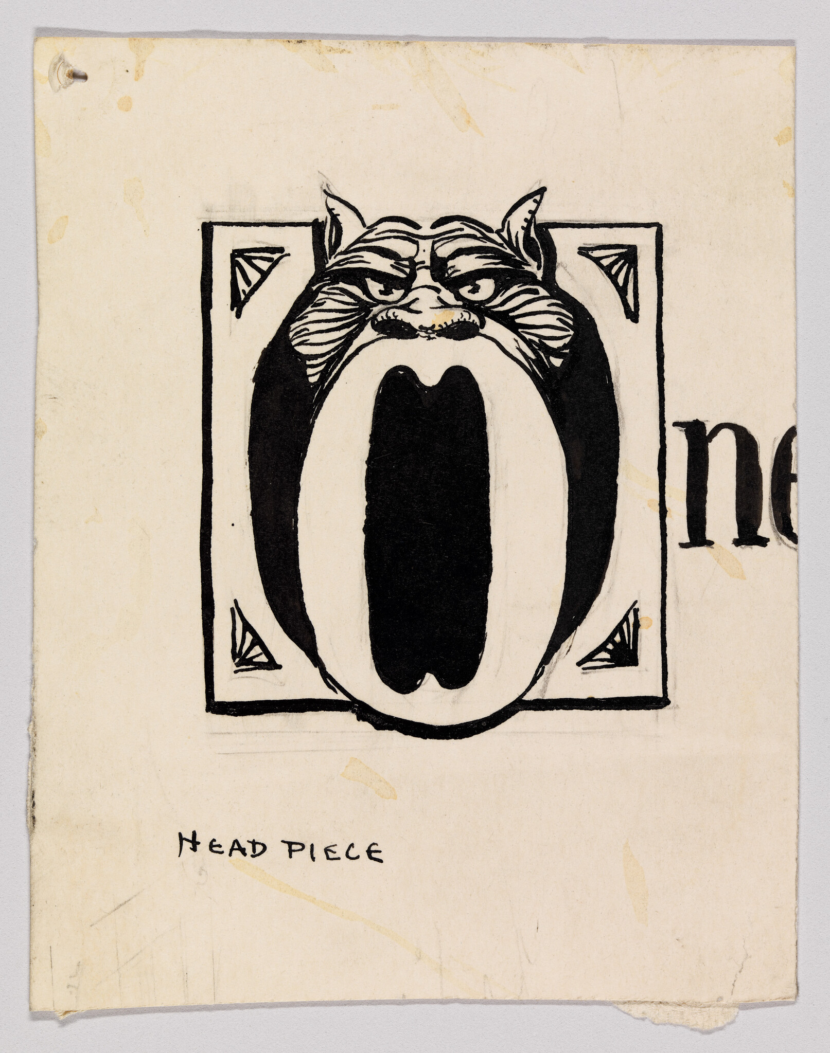 Decorative black ink letter O with a snarling beast head inside a square frame.