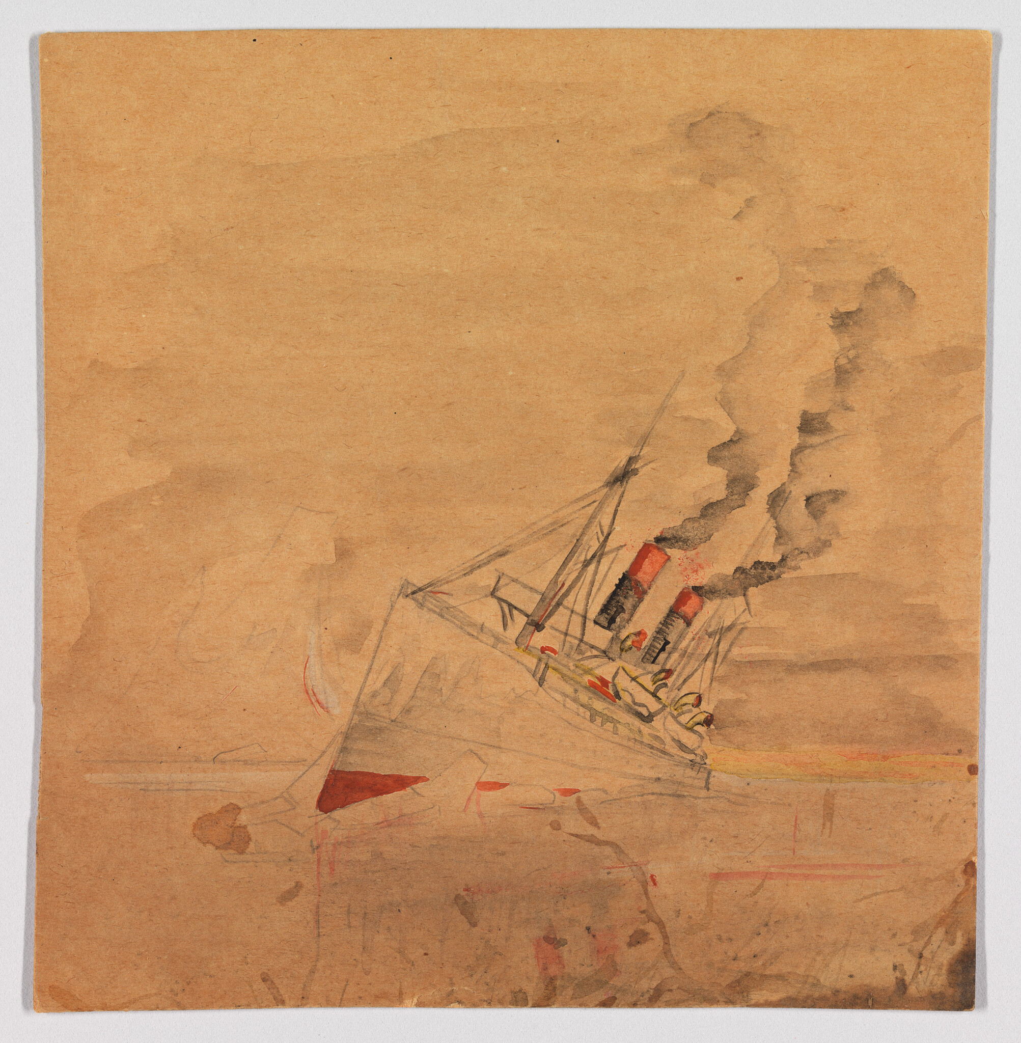 A steamship leans and sinks with smoke rising from its red funnels at dusk.