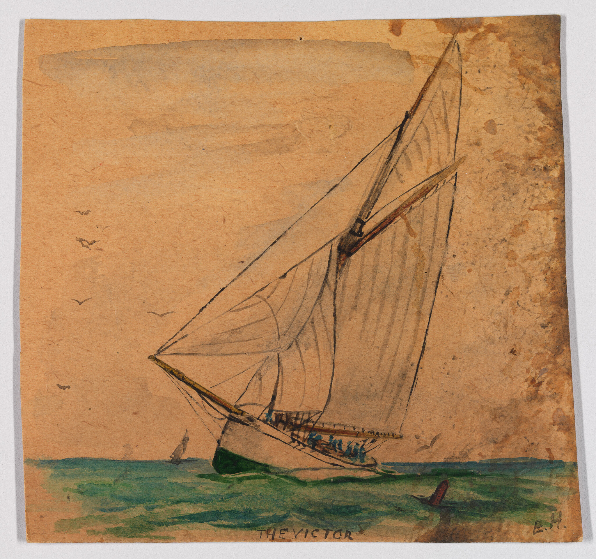 A sailboat with tall sails leaning on green sea under a pale sky.