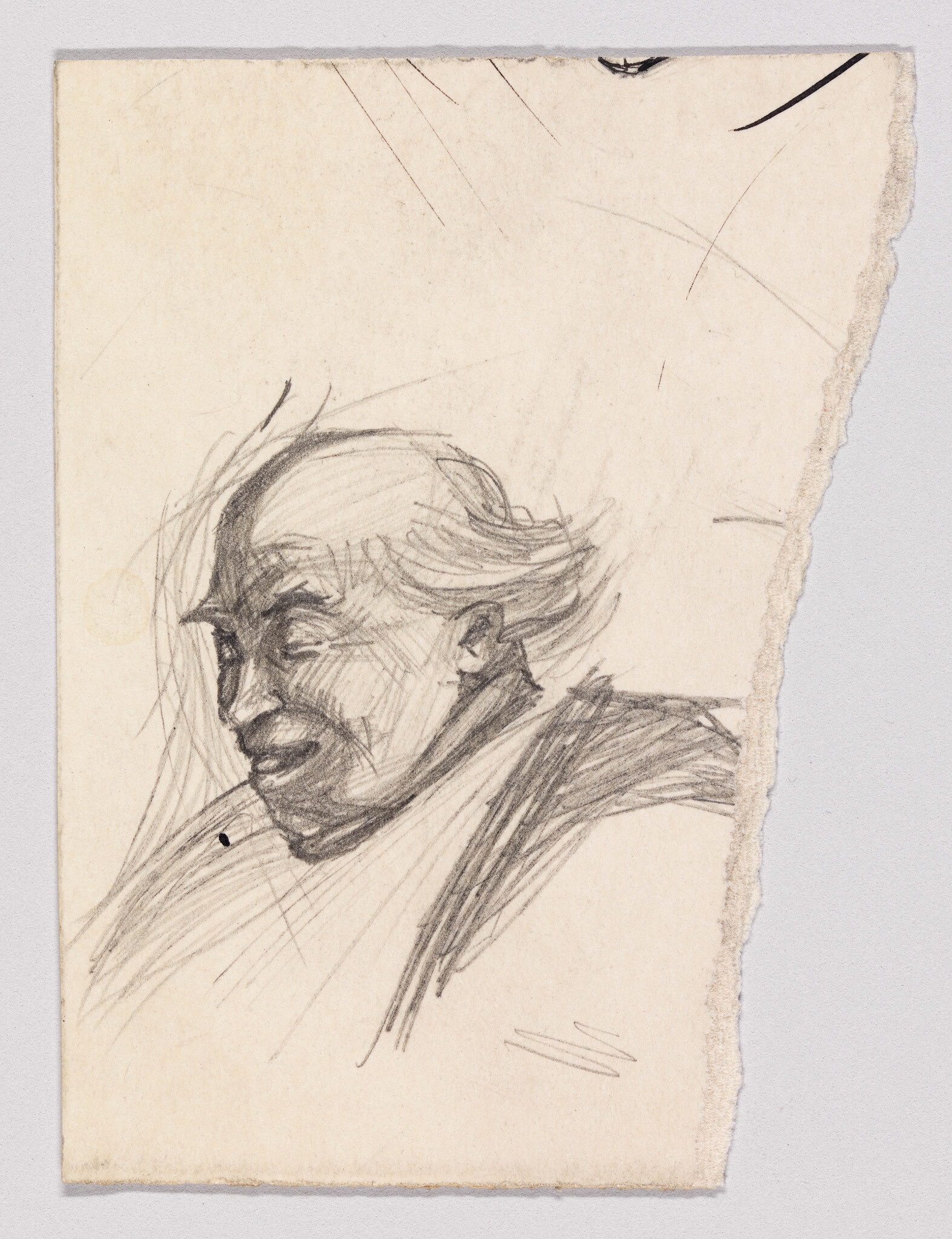 An expressive pencil sketch of an older person in profile with windblown hair and a smile.