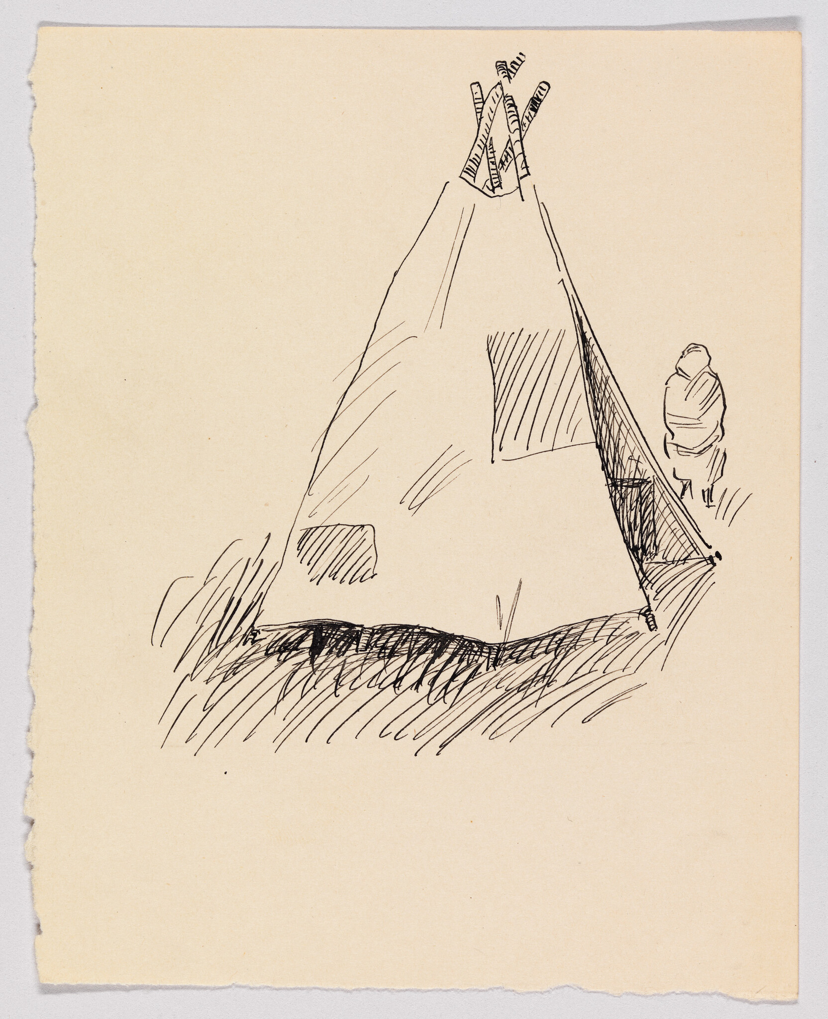 A simple line drawing of a teepee with a wrapped person standing beside it.