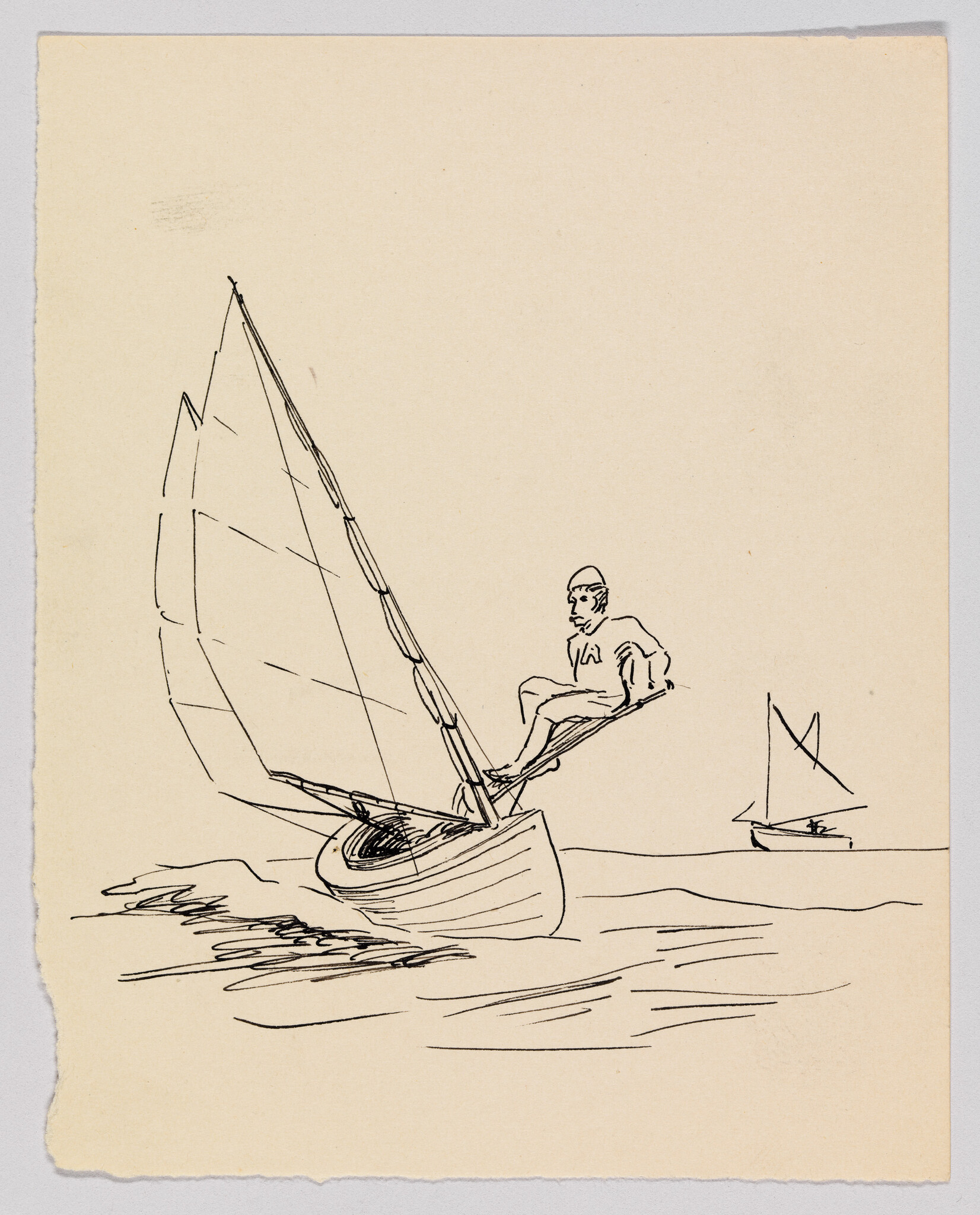 A sailor leans off the side of a small sailboat while trimming the sail on choppy water.