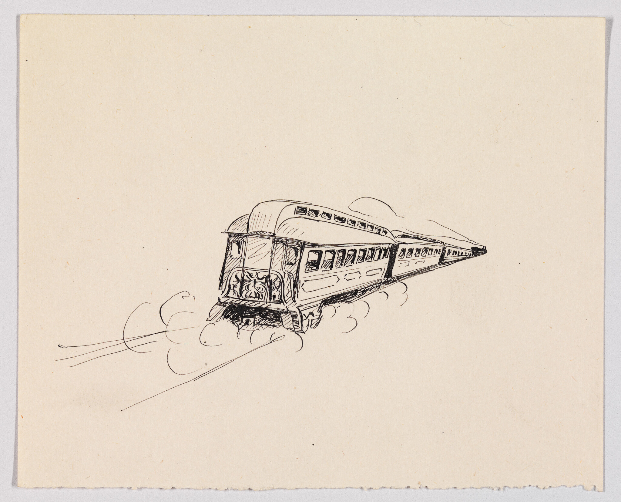 A hand-drawn passenger train moves forward on tracks, leaving puffs of smoke behind.