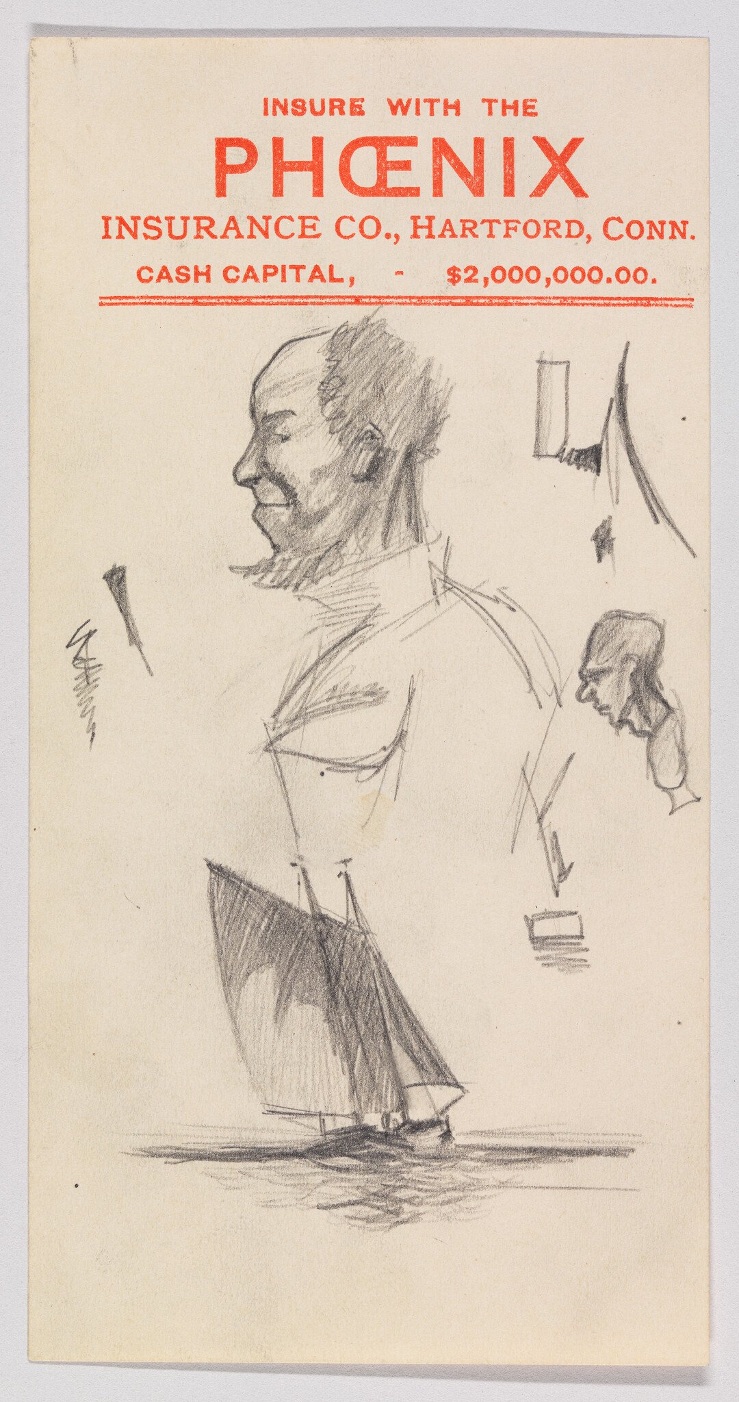 Pencil sketches of a man's profile and a small sailboat on Phoenix Insurance Co. letterhead.