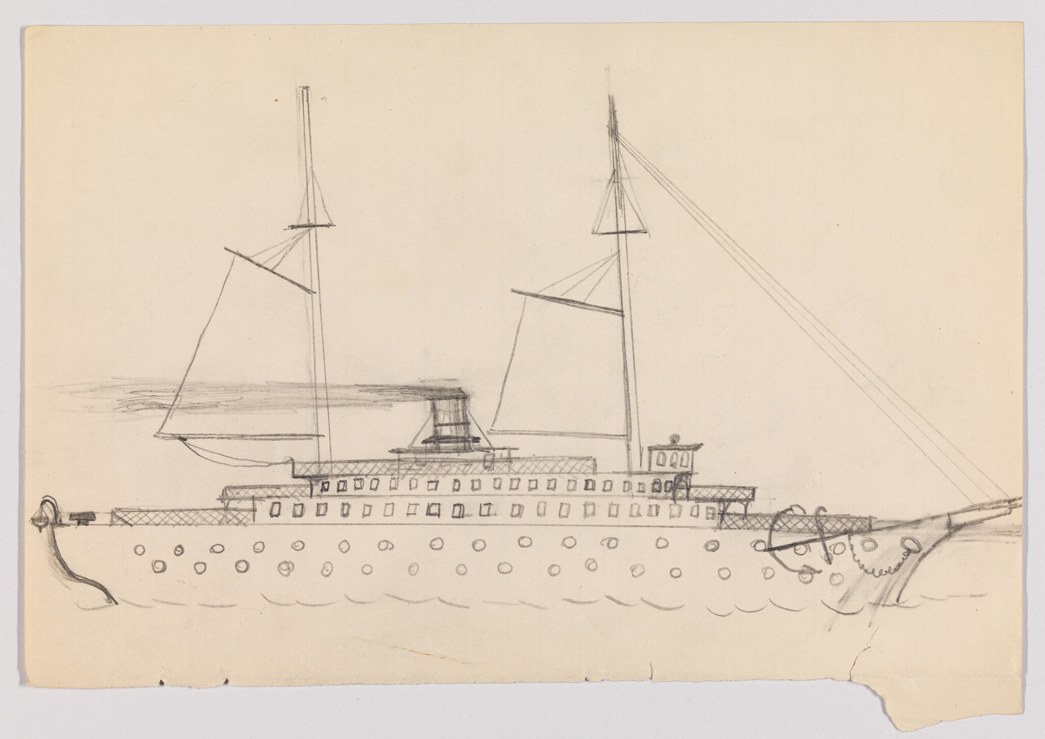 Pencil sketch shows a two-masted passenger ship with rows of portholes and an anchor.