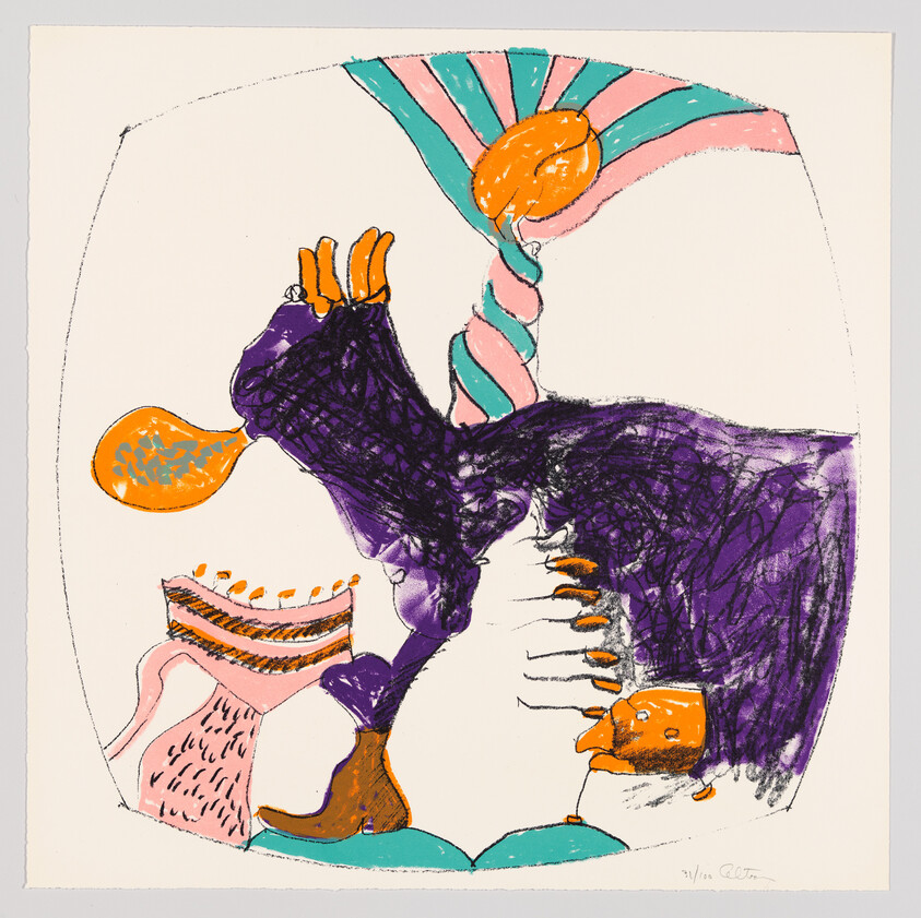 A large purple abstract creature leans forward with orange accents under a striped canopy.