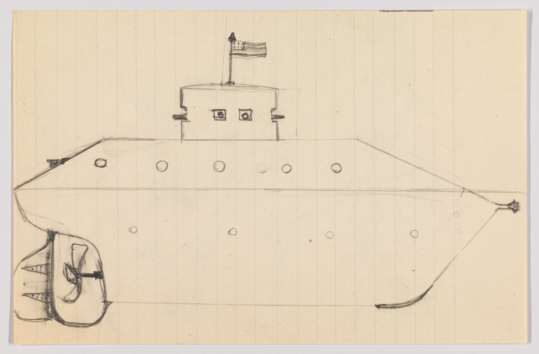 A pencil sketch of a side-view submarine with portholes, conning tower, flag, and rear propeller.