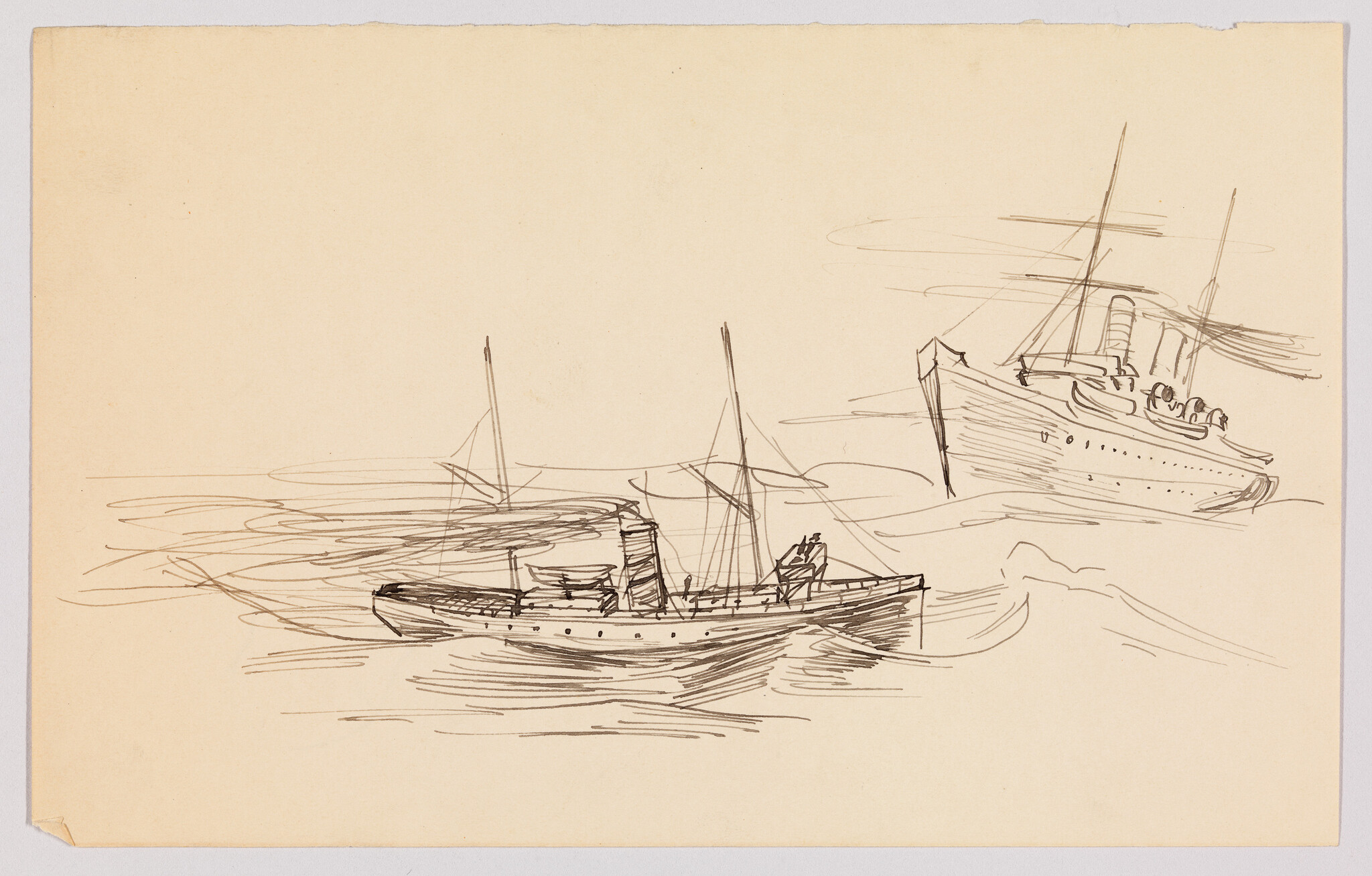 Two small steamships float on choppy water in a loose ink sketch.