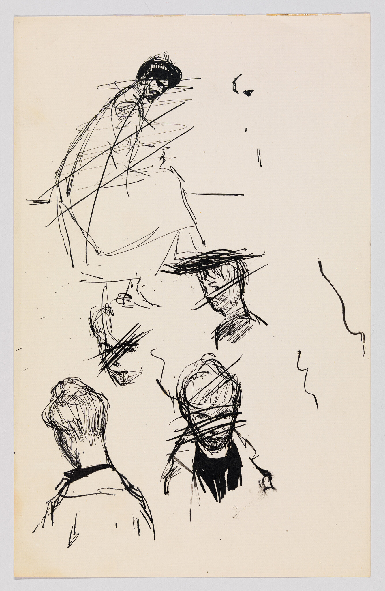 Several quick ink sketches of people showing heads and faces, many with lines crossed through them.