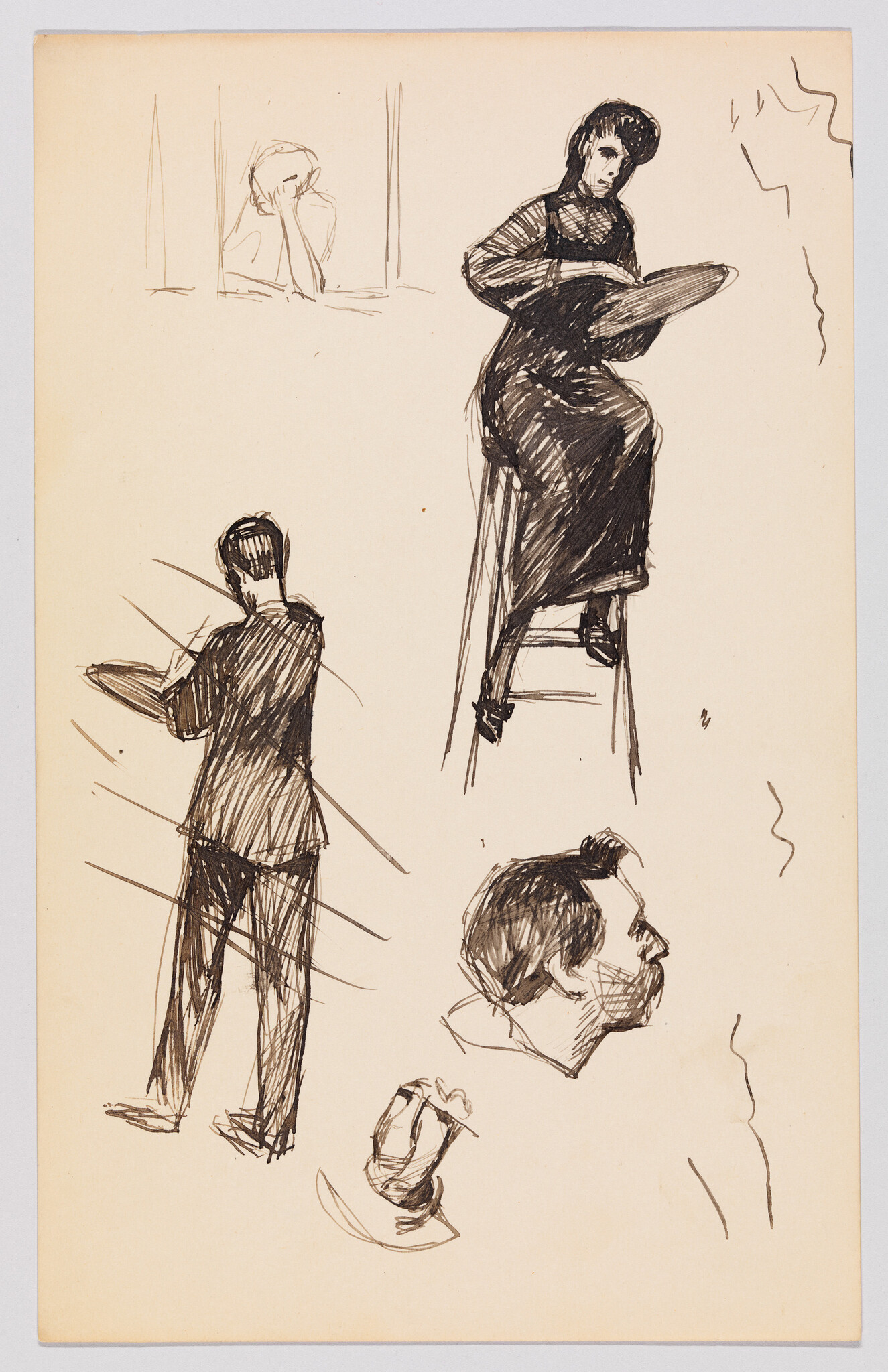 Several quick ink sketches of people, including a woman seated on a high stool holding a palette.